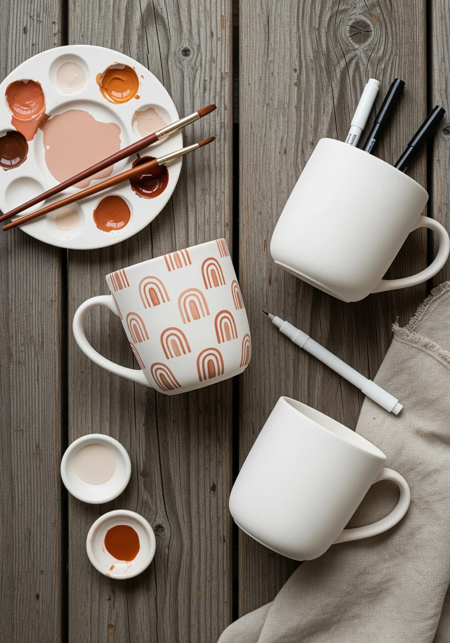 Overhead view of white mugs being painted with terracotta-colored rainbow patterns.