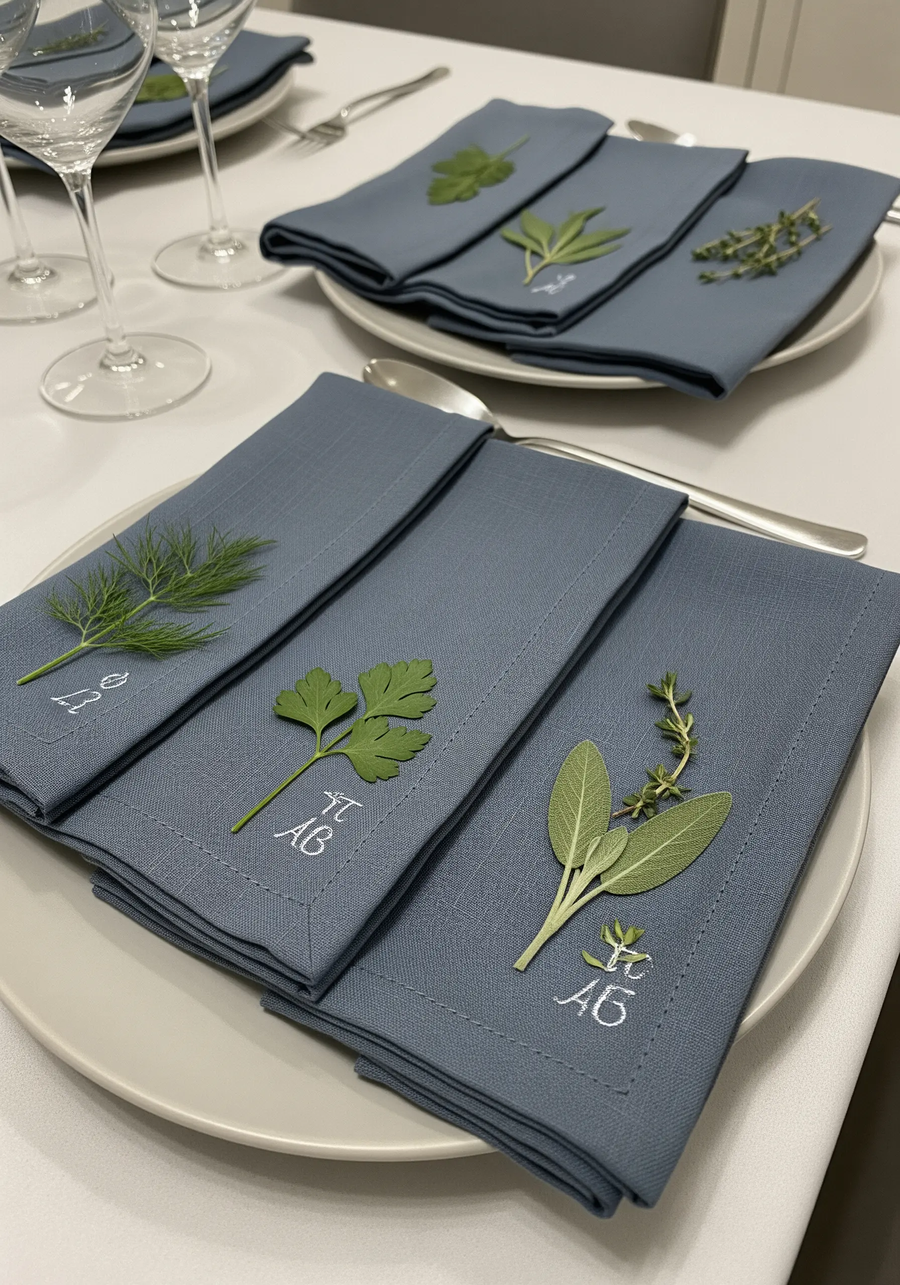 Blue linen napkins folded on a plate, each with a stitched monogram and a real herb sprig.