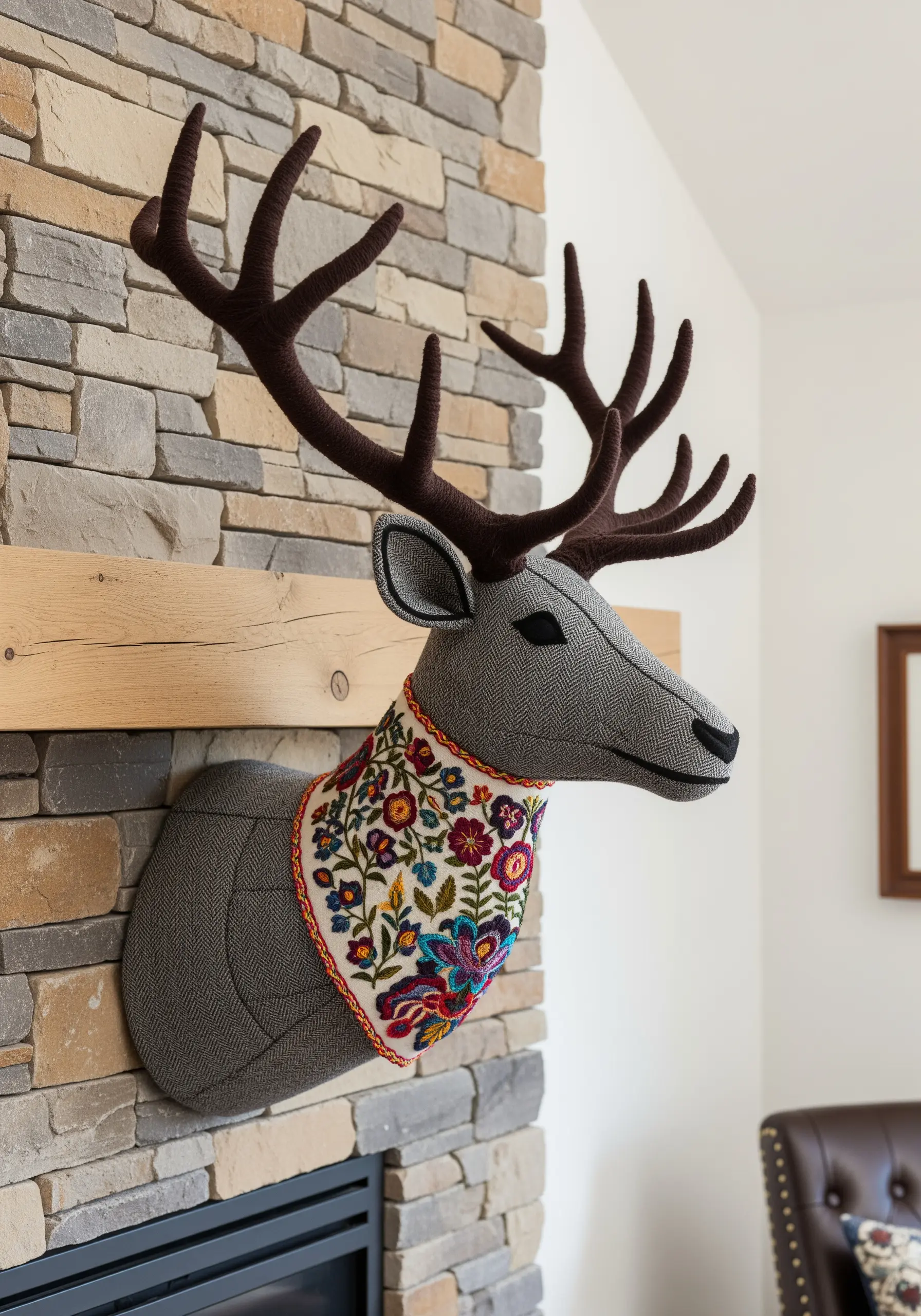 A modern, grey fabric deer head sculpture adorned with a brightly colored, floral embroidered bandana.