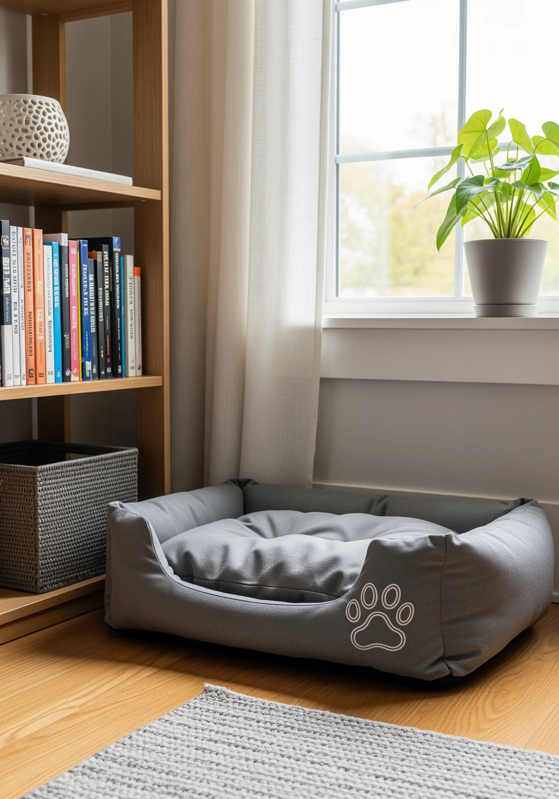 A grey dog bed with a simple white outline of a paw print embroidered on the front.
