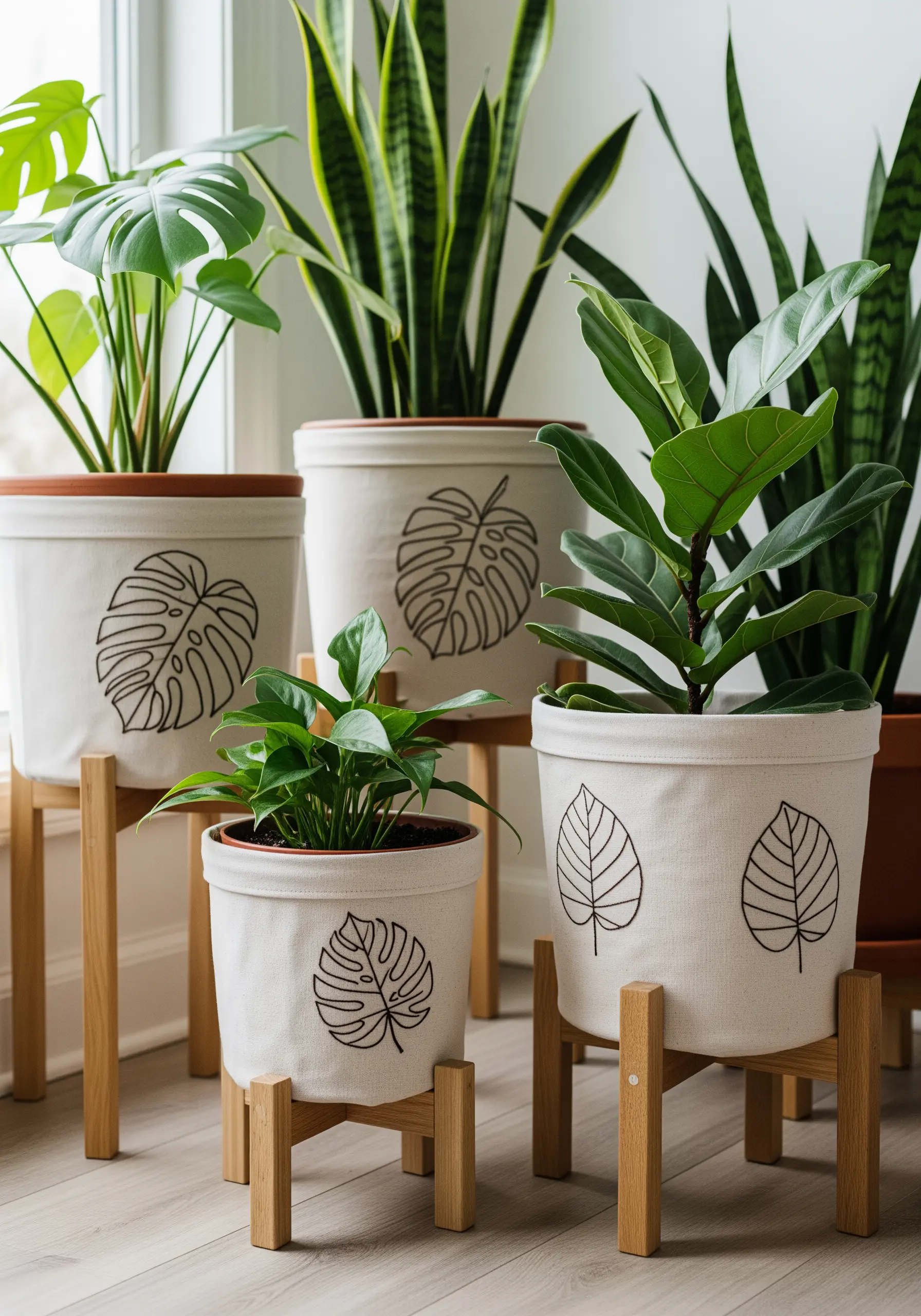 A group of fabric-covered plant pots embroidered with minimalist, black line-art leaf designs.