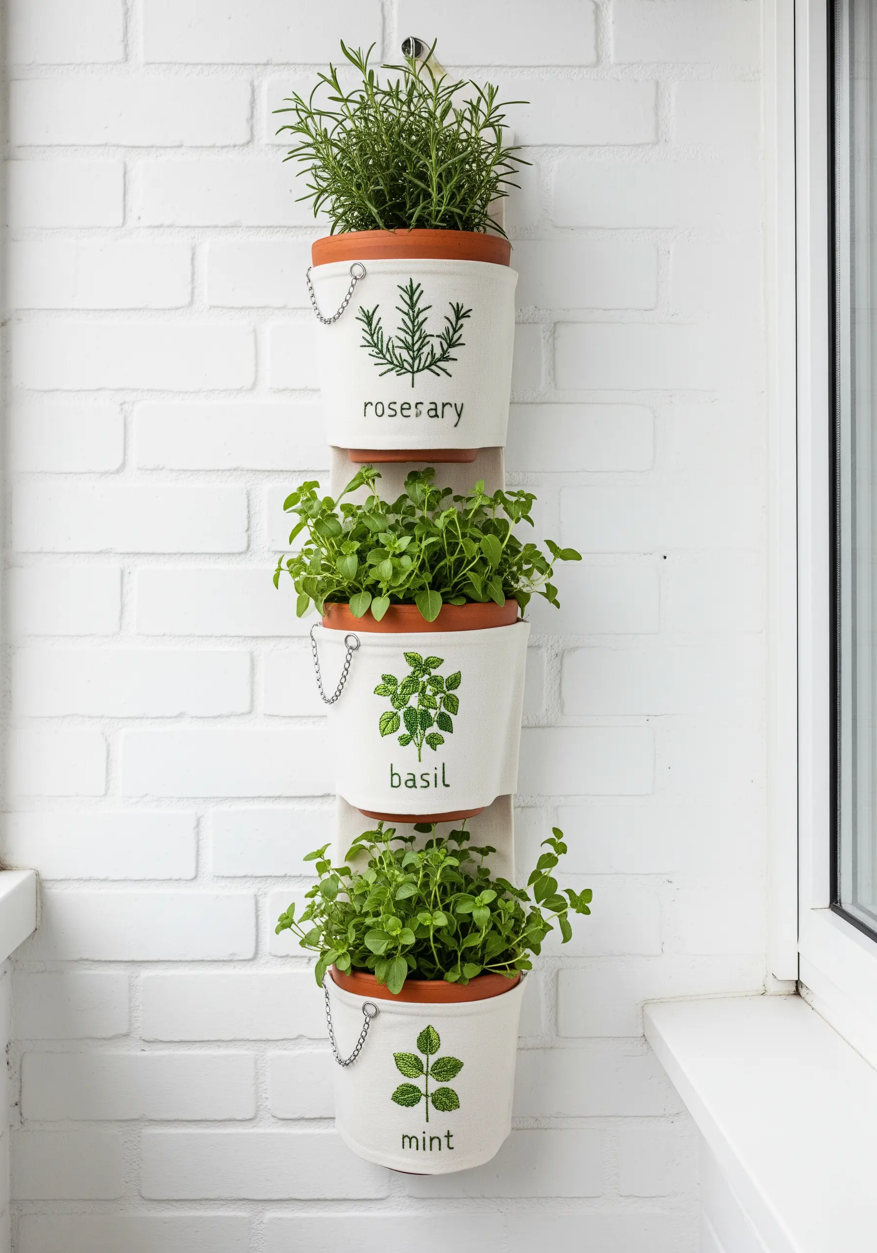 Fabric plant holders with delicate line-art embroidery of rosemary, basil, and mint.