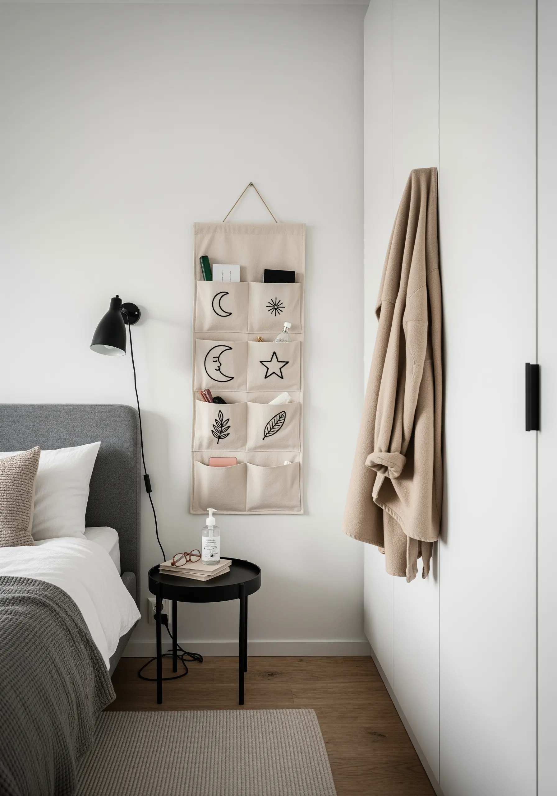 A canvas wall organizer with simple black line art embroidery of a moon, star, and leaves.