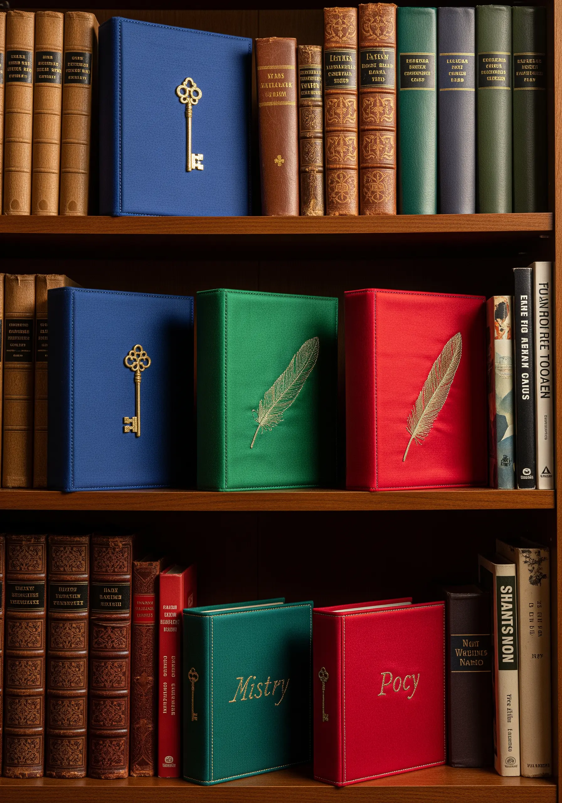 Fabric-covered storage boxes with single gold embroidered motifs of a key and a feather.