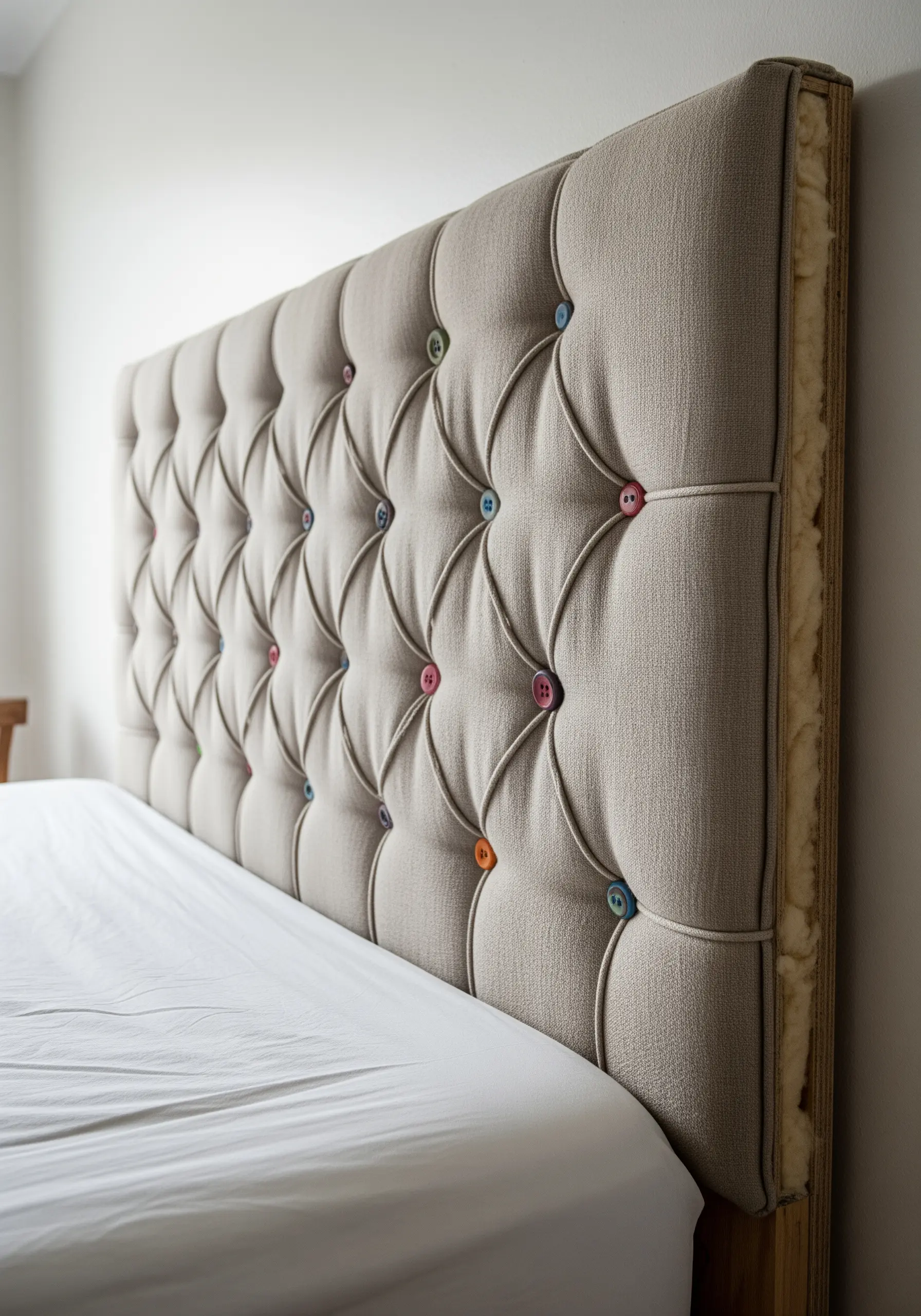 A beige tufted headboard with colorful, mismatched buttons at each tuft point.
