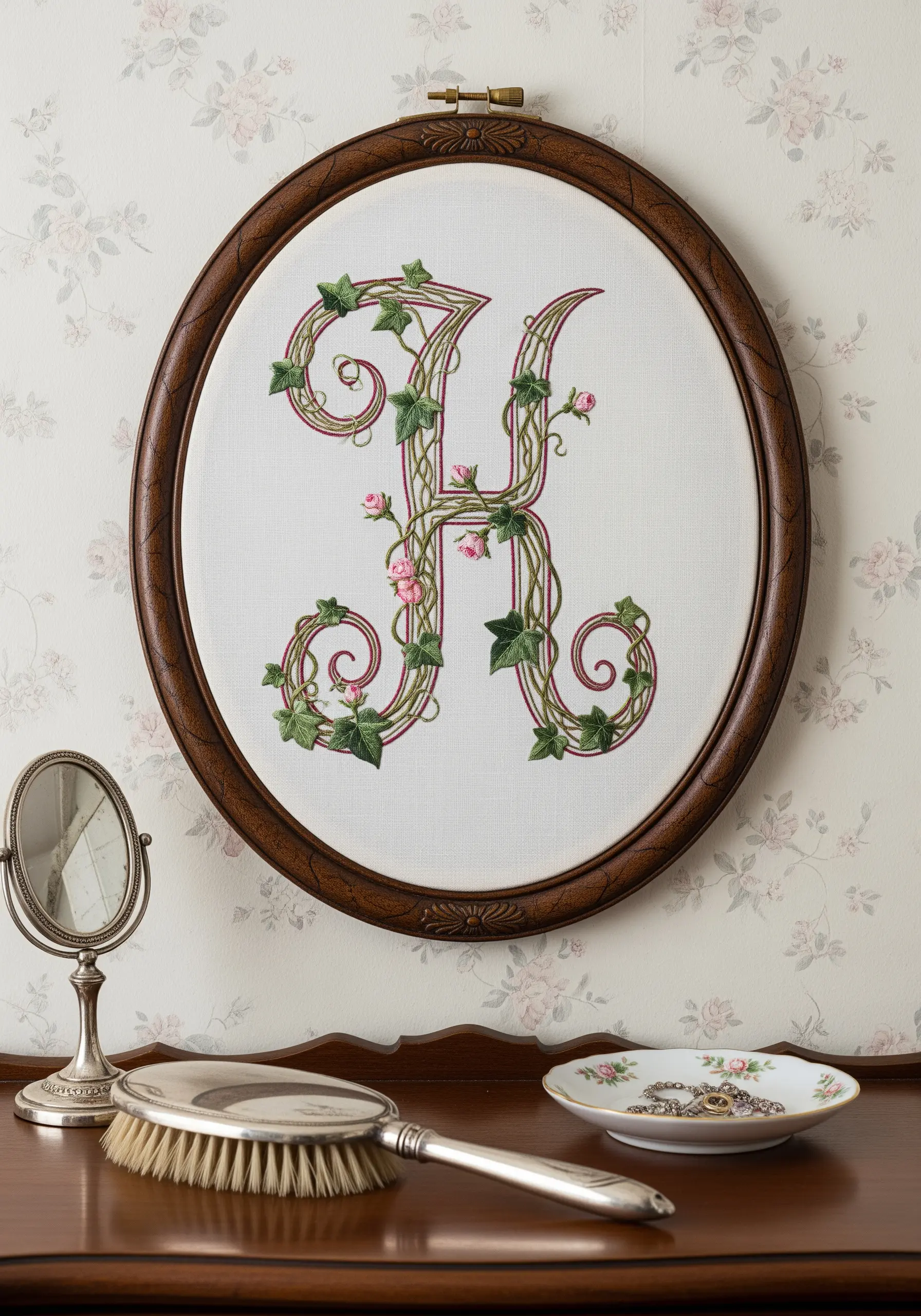 An ornate letter 'K' embroidered with intertwined ivy and pink roses in a dark wood frame.