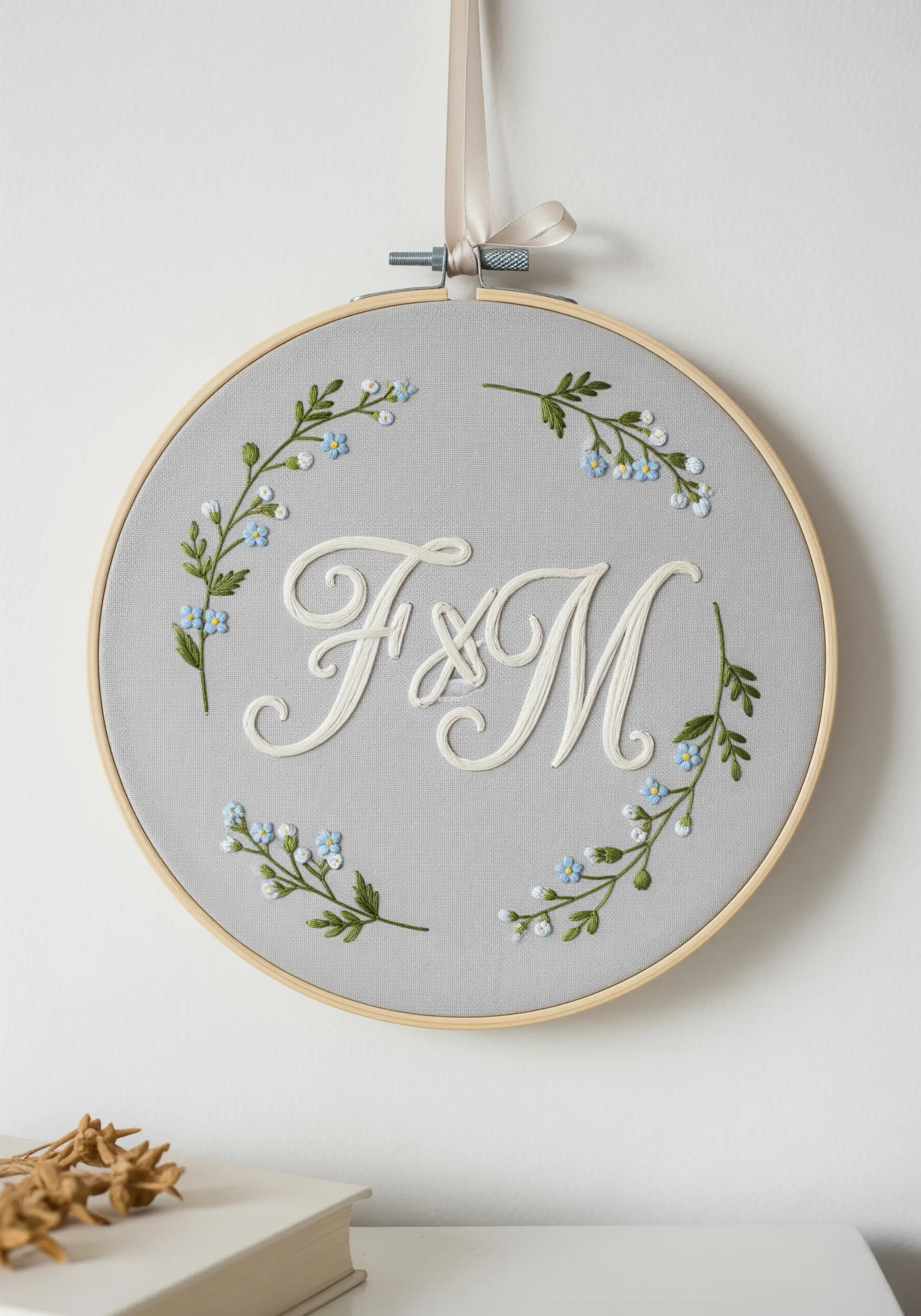 A personalized monogram embroidered in white on gray fabric, framed by tiny blue flowers.