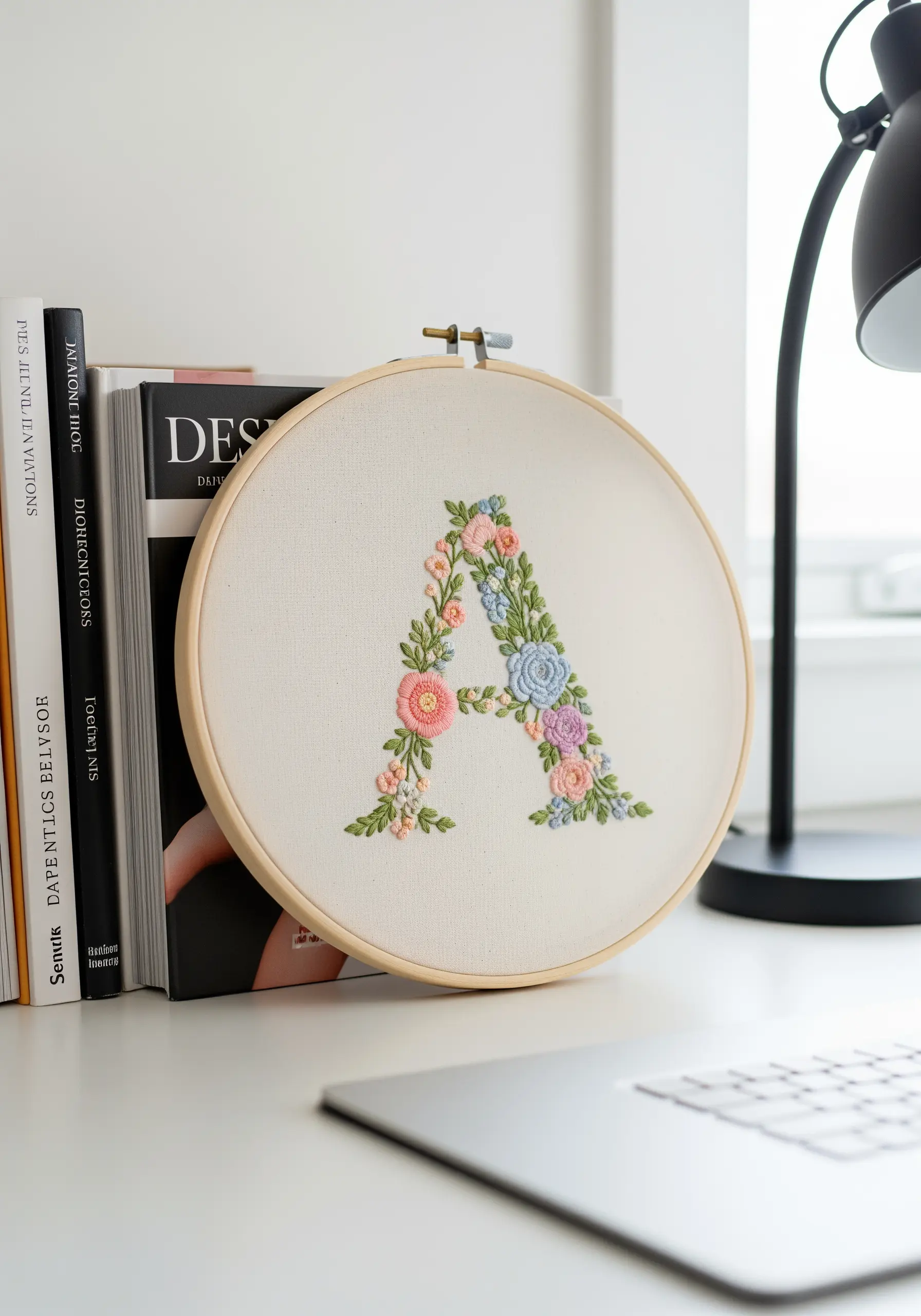 The letter A embroidered on off-white fabric, formed from an arrangement of small pink, blue, and yellow flowers.