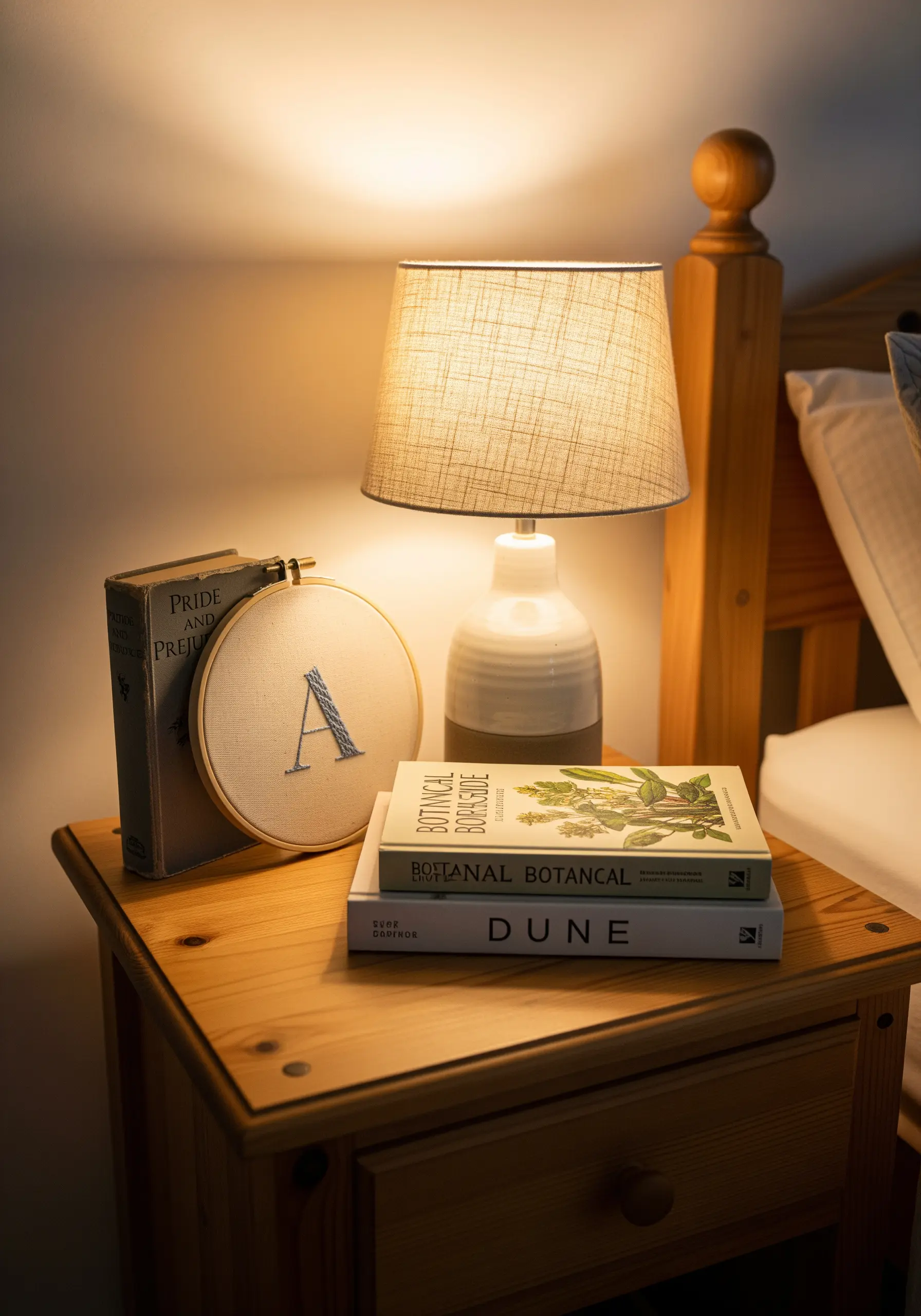 A small embroidery hoop with a stitched letter 'A' resting on a stack of books on a nightstand.