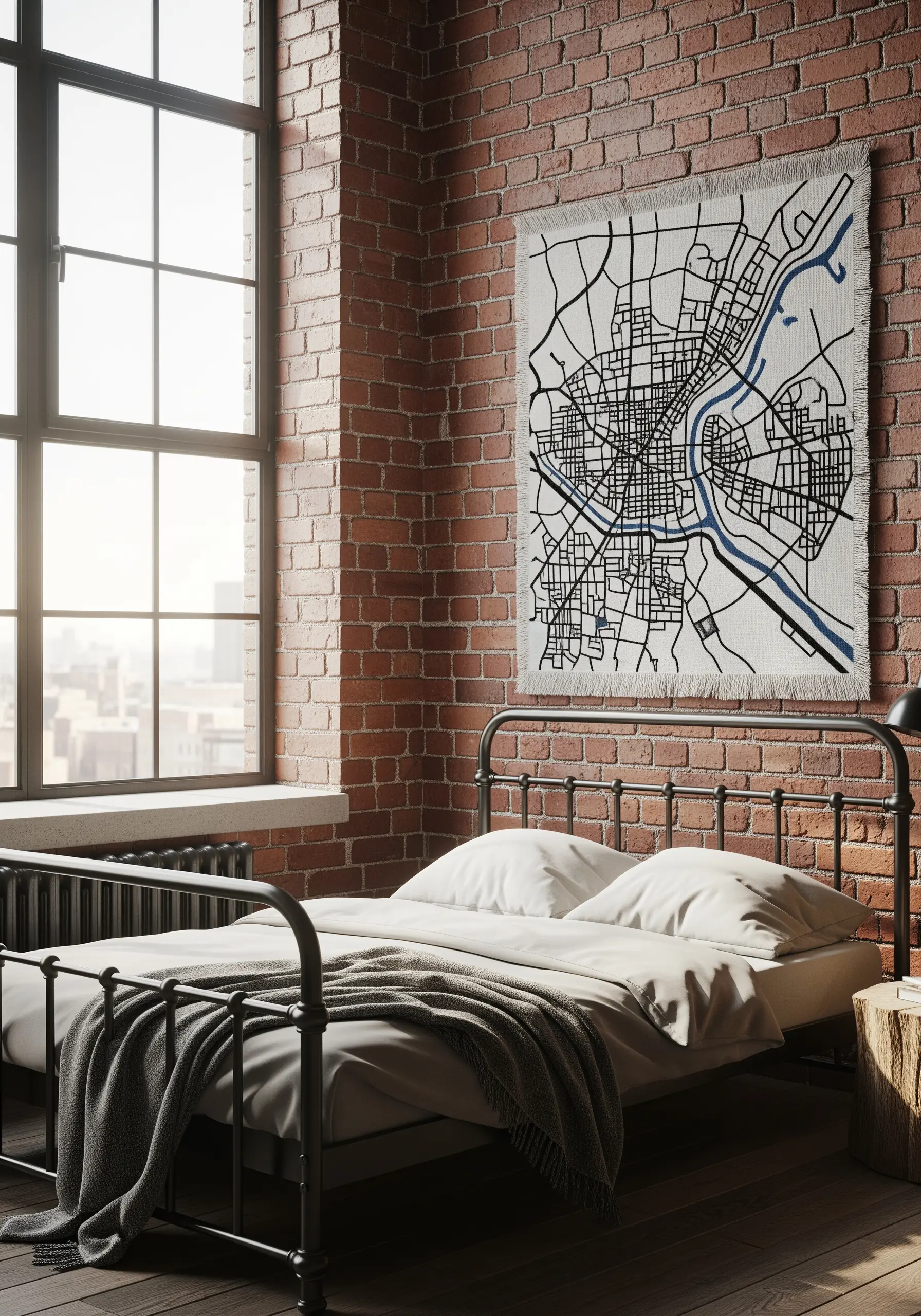 A large embroidered tapestry of a city map hanging on a brick wall.