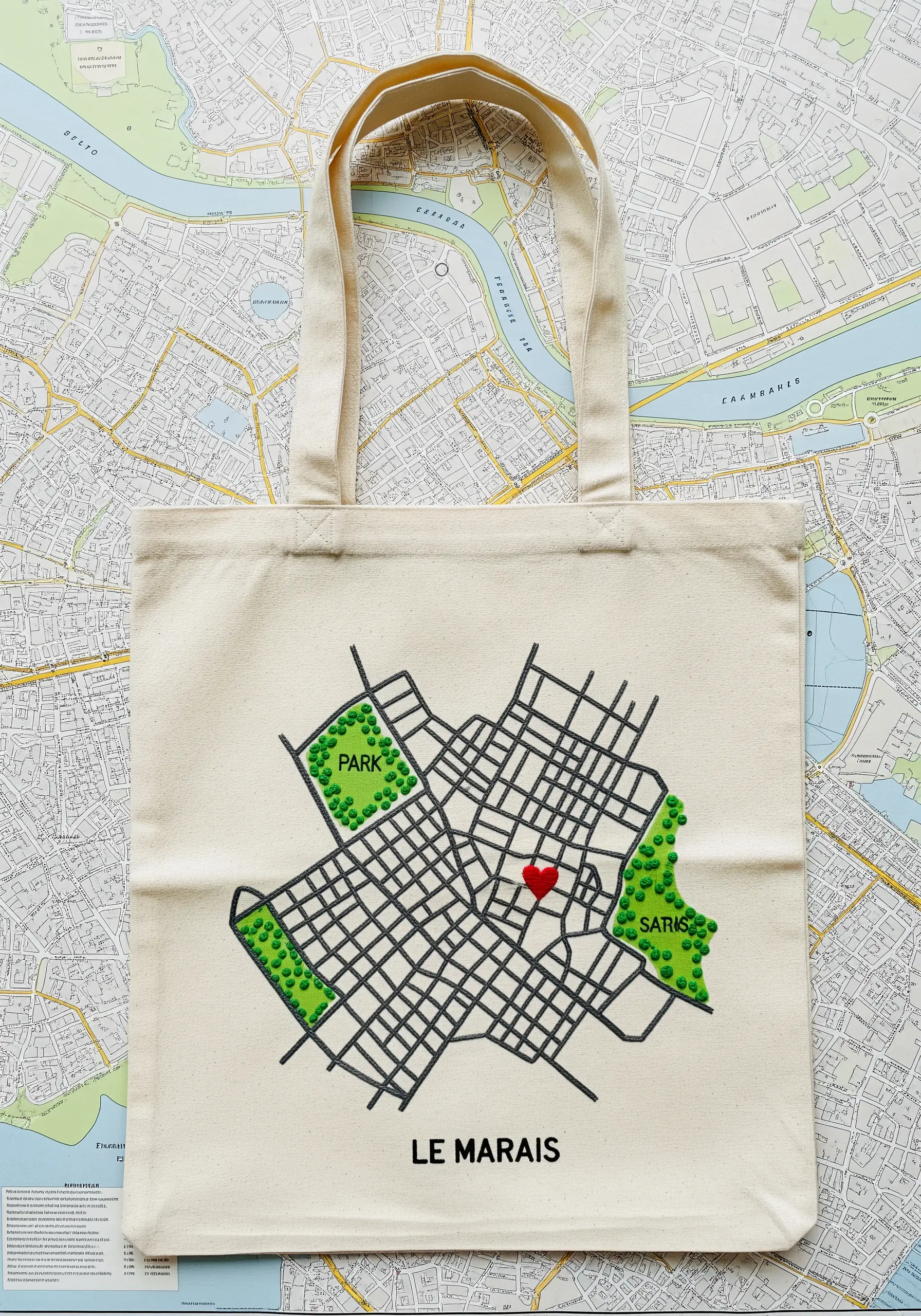 An embroidered map of Le Marais, Paris, on a natural canvas tote bag