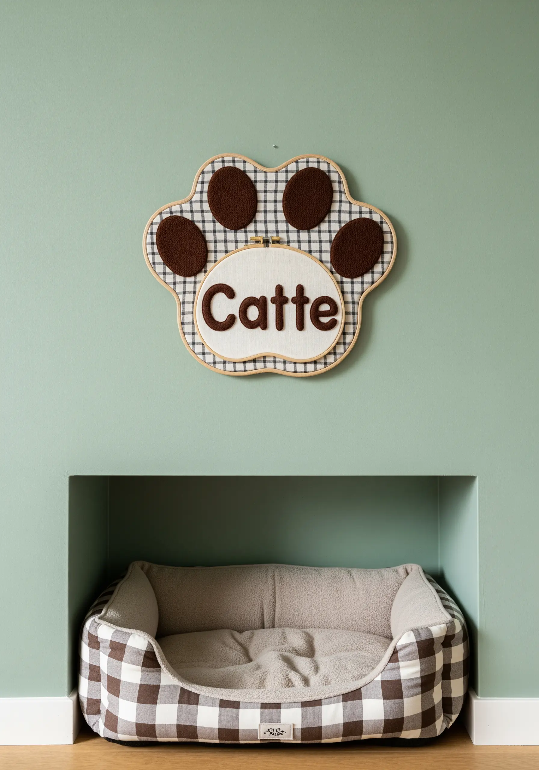 A custom paw-print shaped embroidery hoop with gingham appliqué and the name 'Catte' stitched.