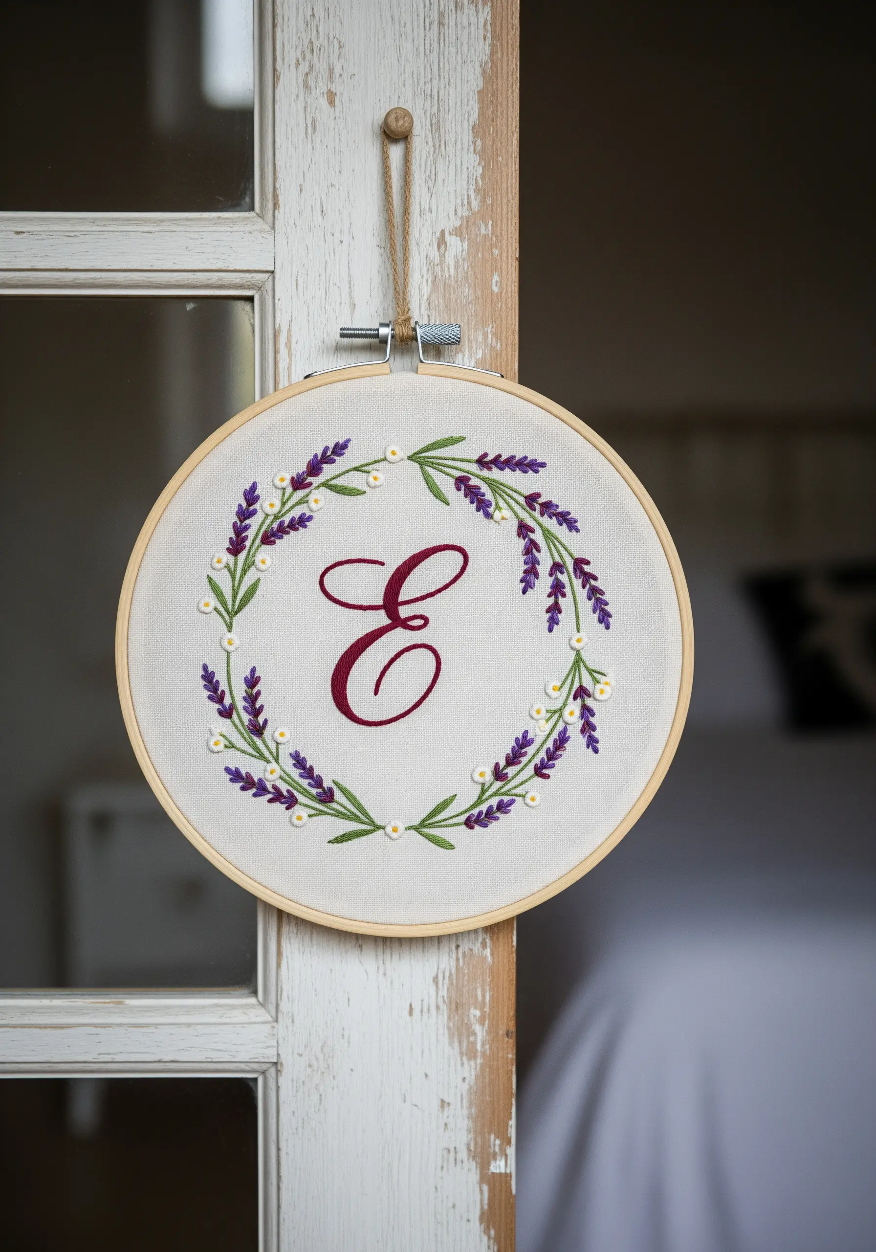 A cursive letter 'E' embroidered in a hoop, encircled by a delicate lavender and daisy wreath.