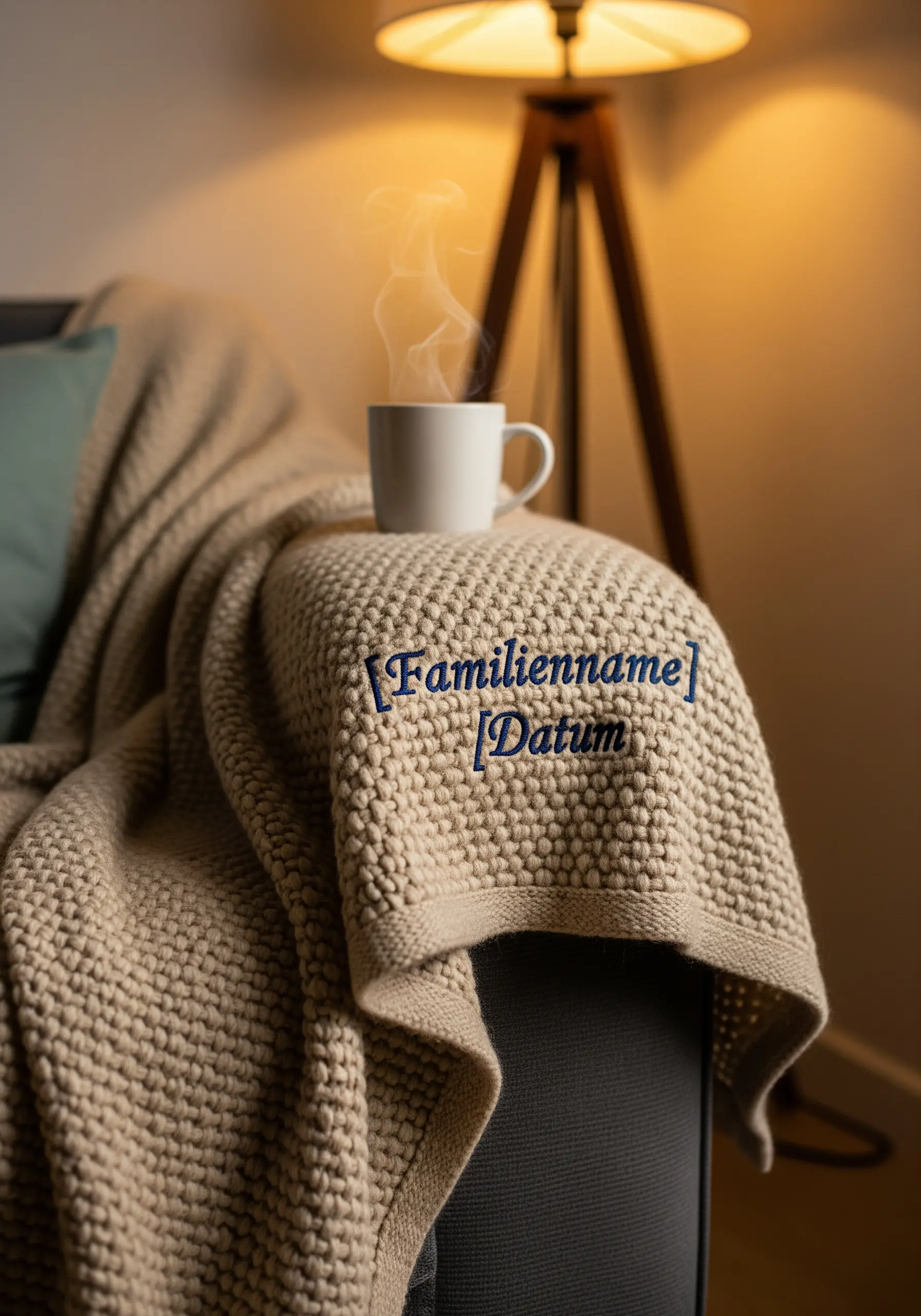 A personalized name and date embroidered in blue yarn on a chunky beige knit blanket.