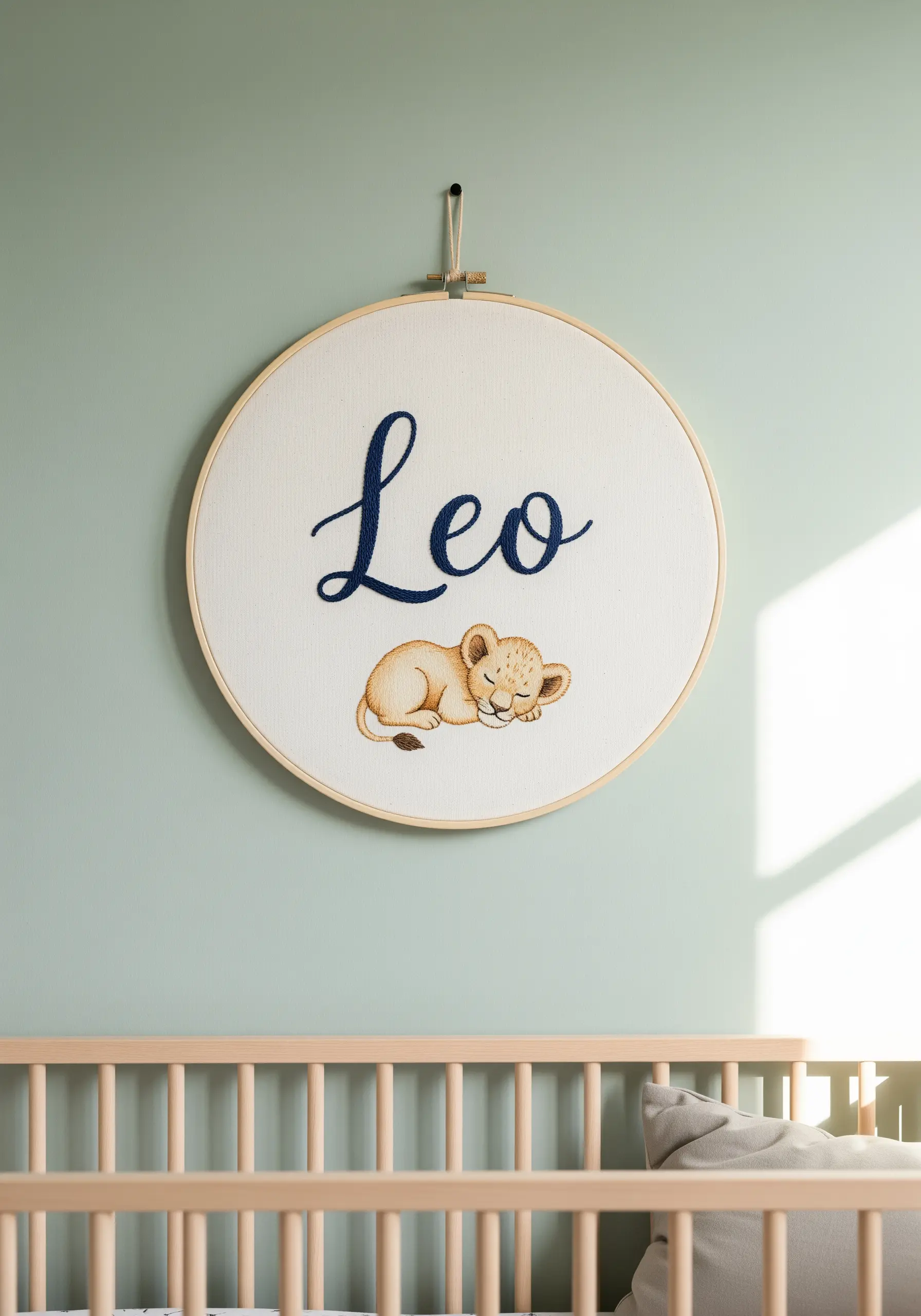 Embroidery hoop with the name 'Leo' stitched above a watercolor-style sleeping lion cub.