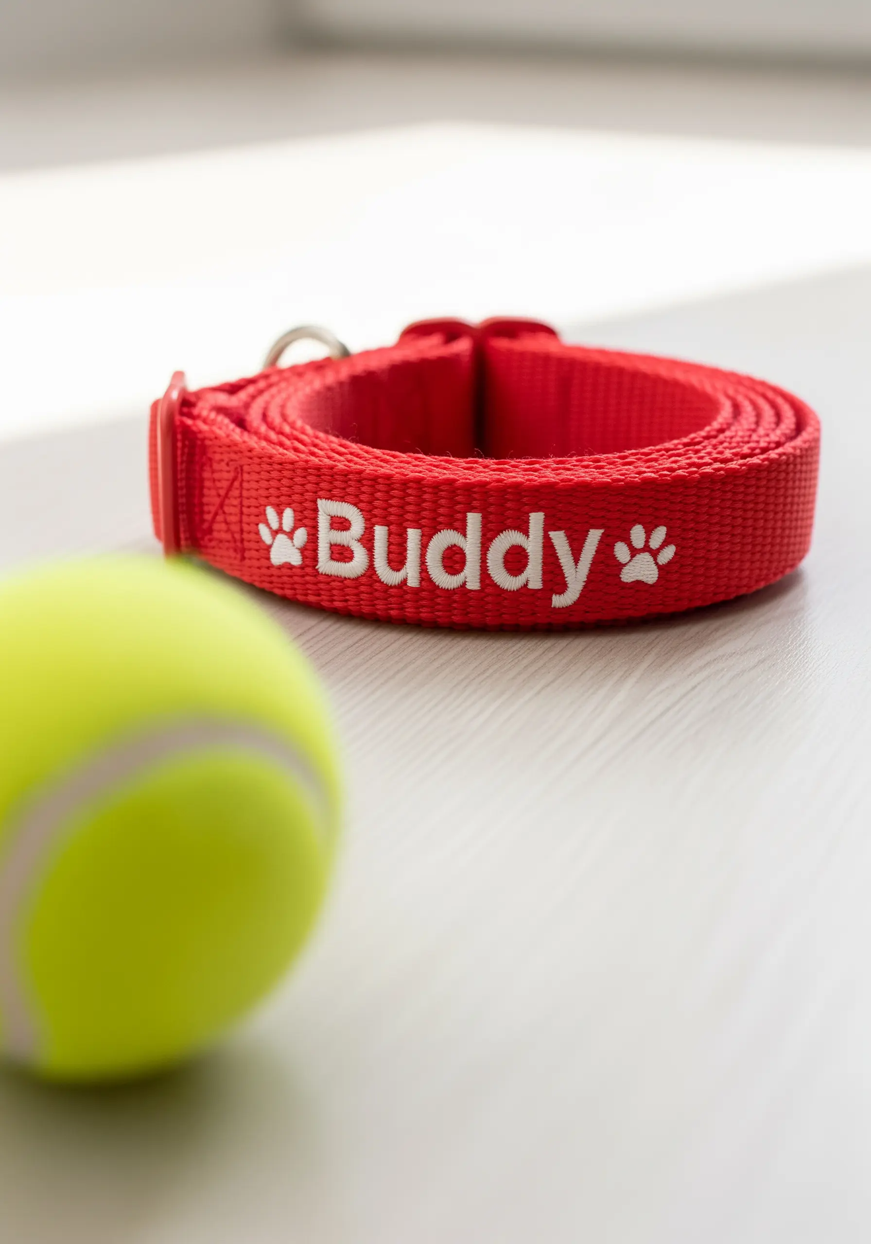 A red dog leash with the name “Buddy” and paw prints embroidered in white.