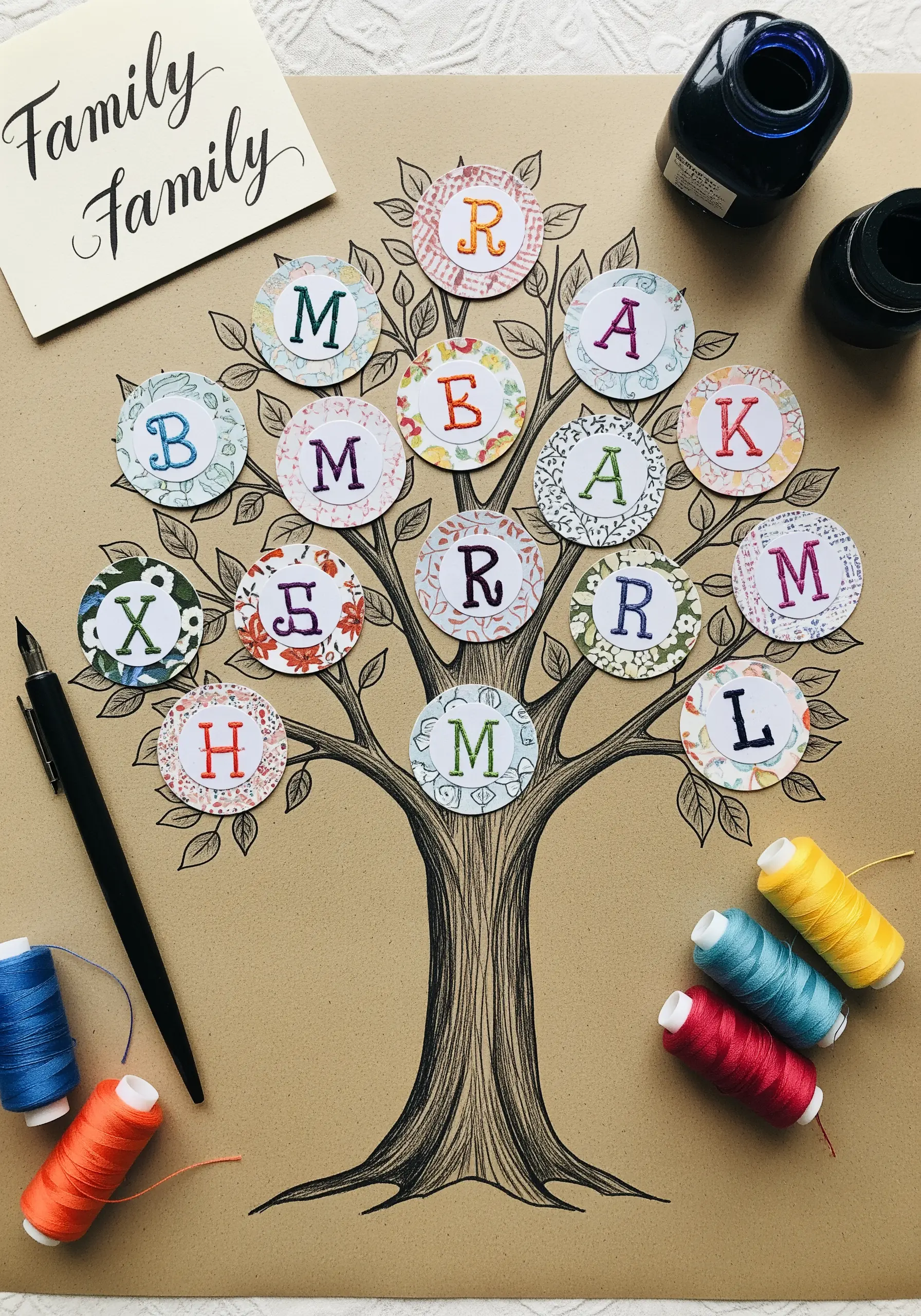 An illustrated family tree with stitched initials on patterned paper circles.