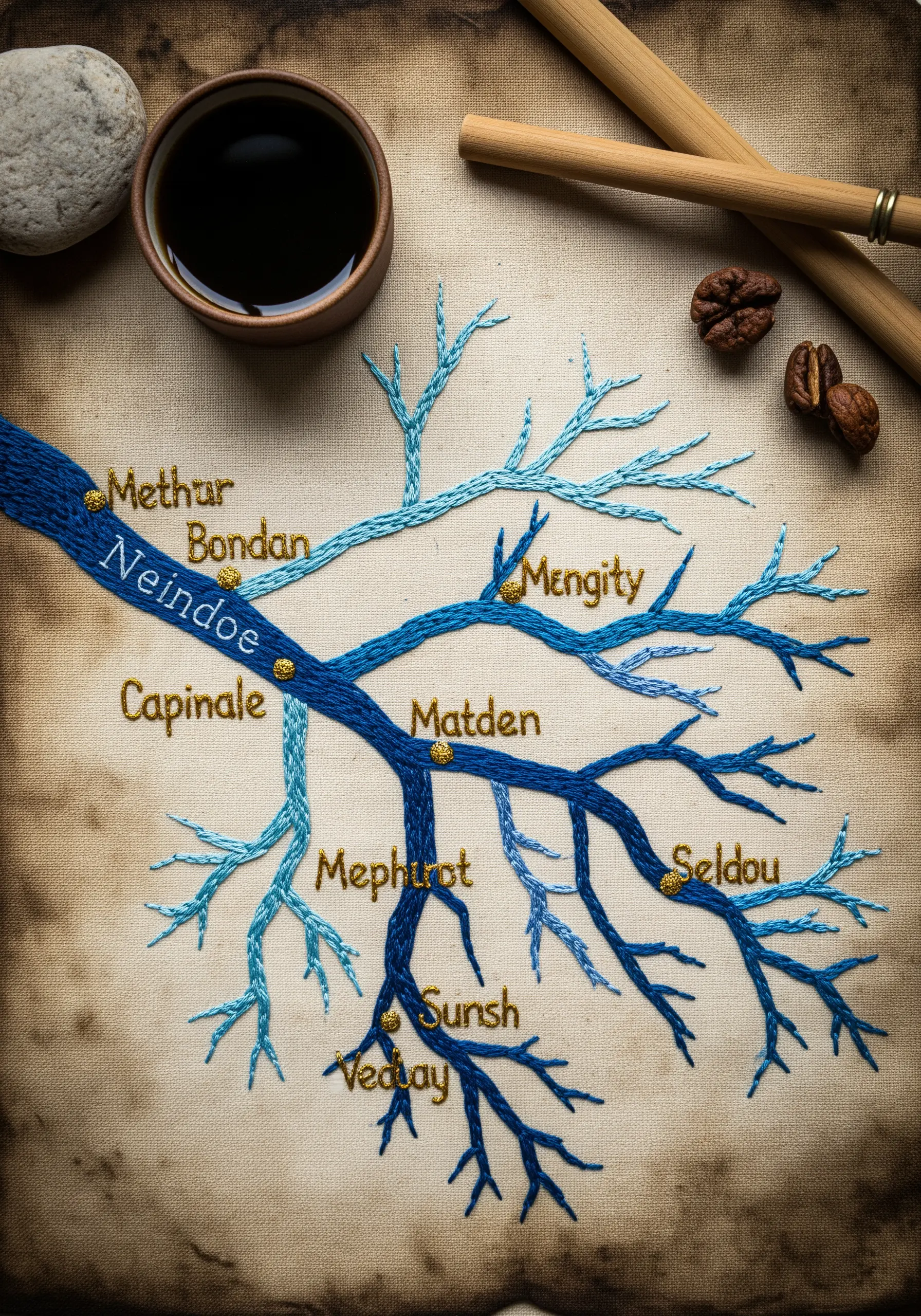 An embroidered map of a river system using blue stem stitch and gold lettering.