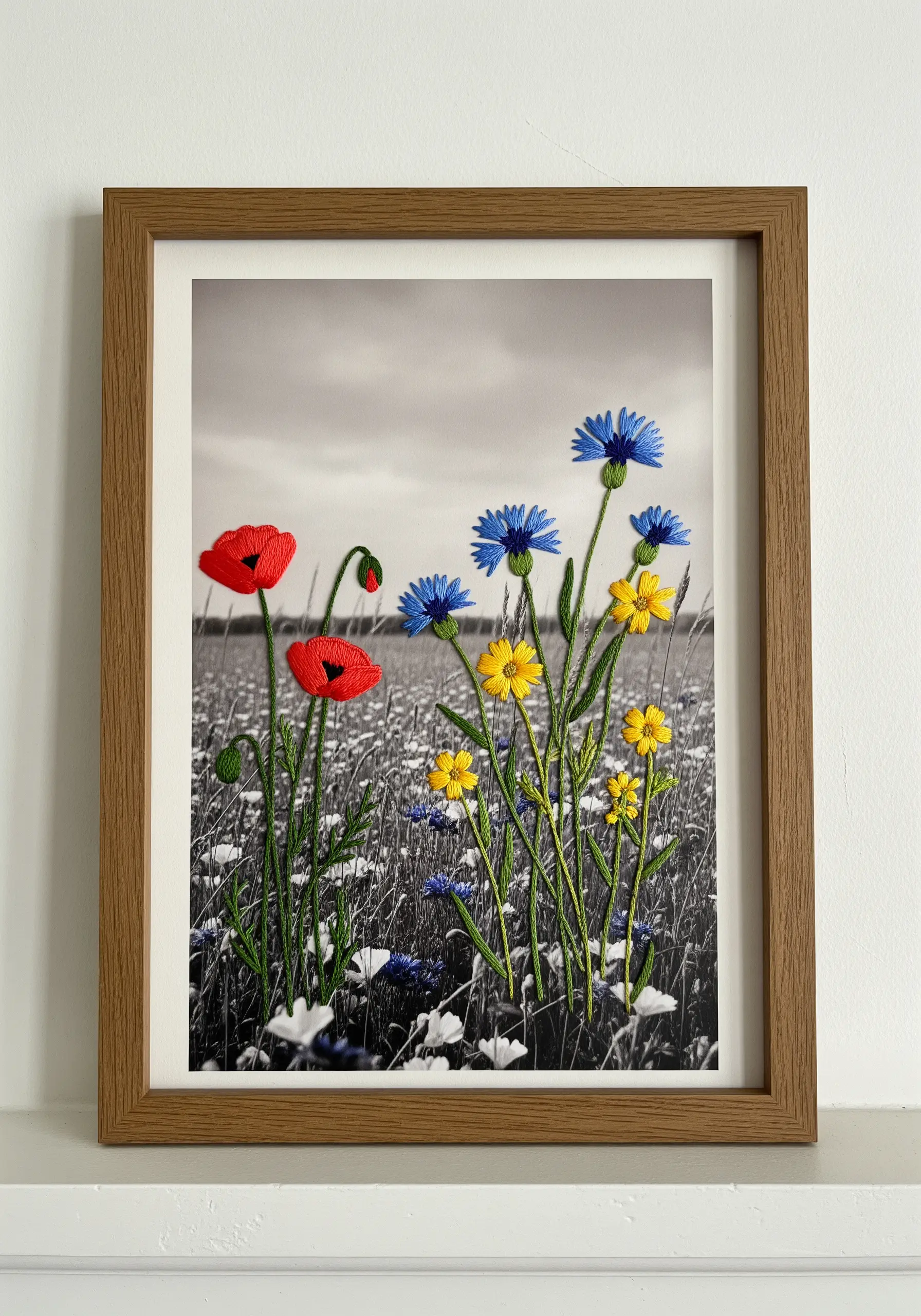 Colorful embroidered flowers stitched directly onto a black and white photograph of a field.