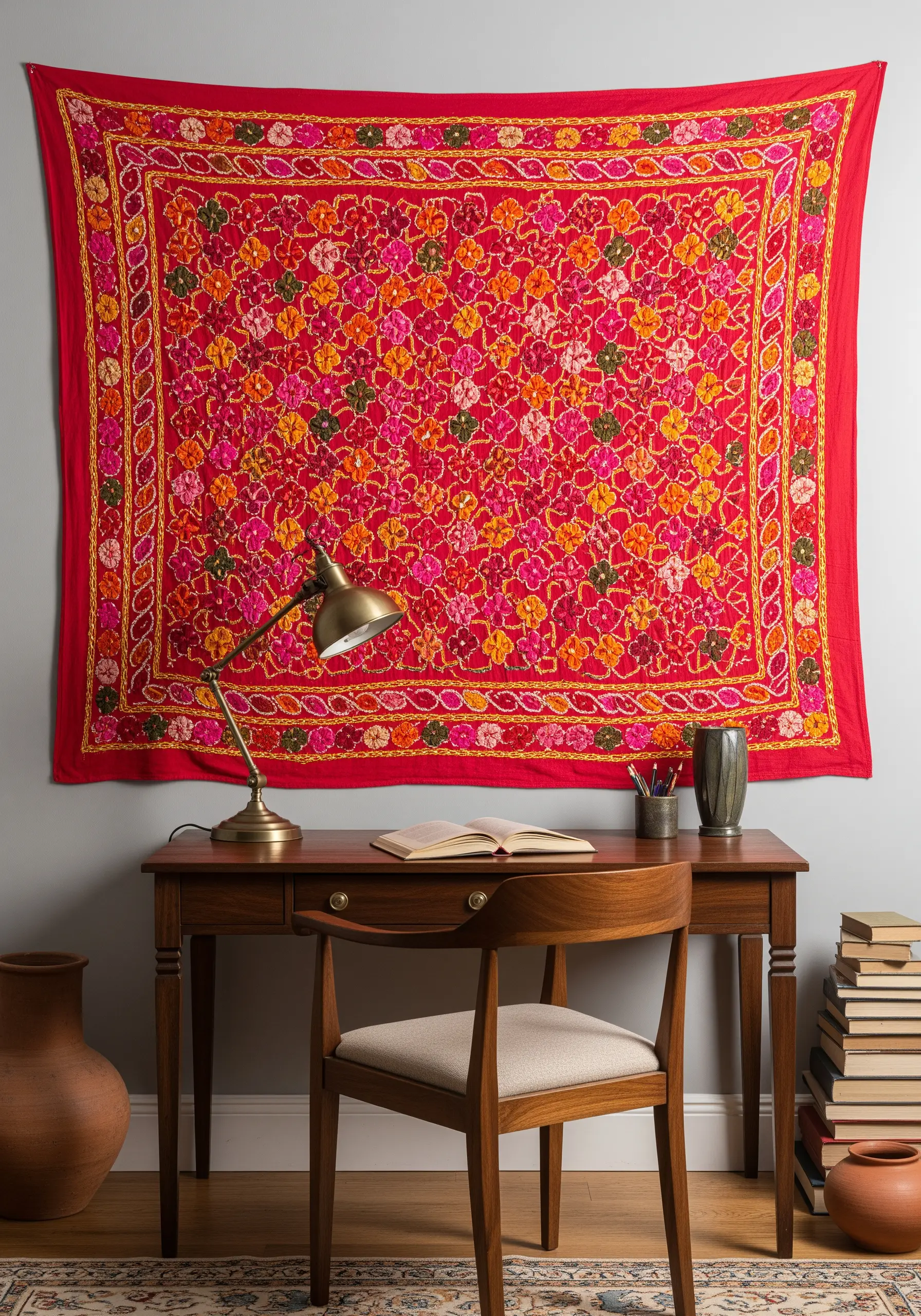 A vibrant red Phulkari wall hanging with dense orange, pink, and yellow floral embroidery.