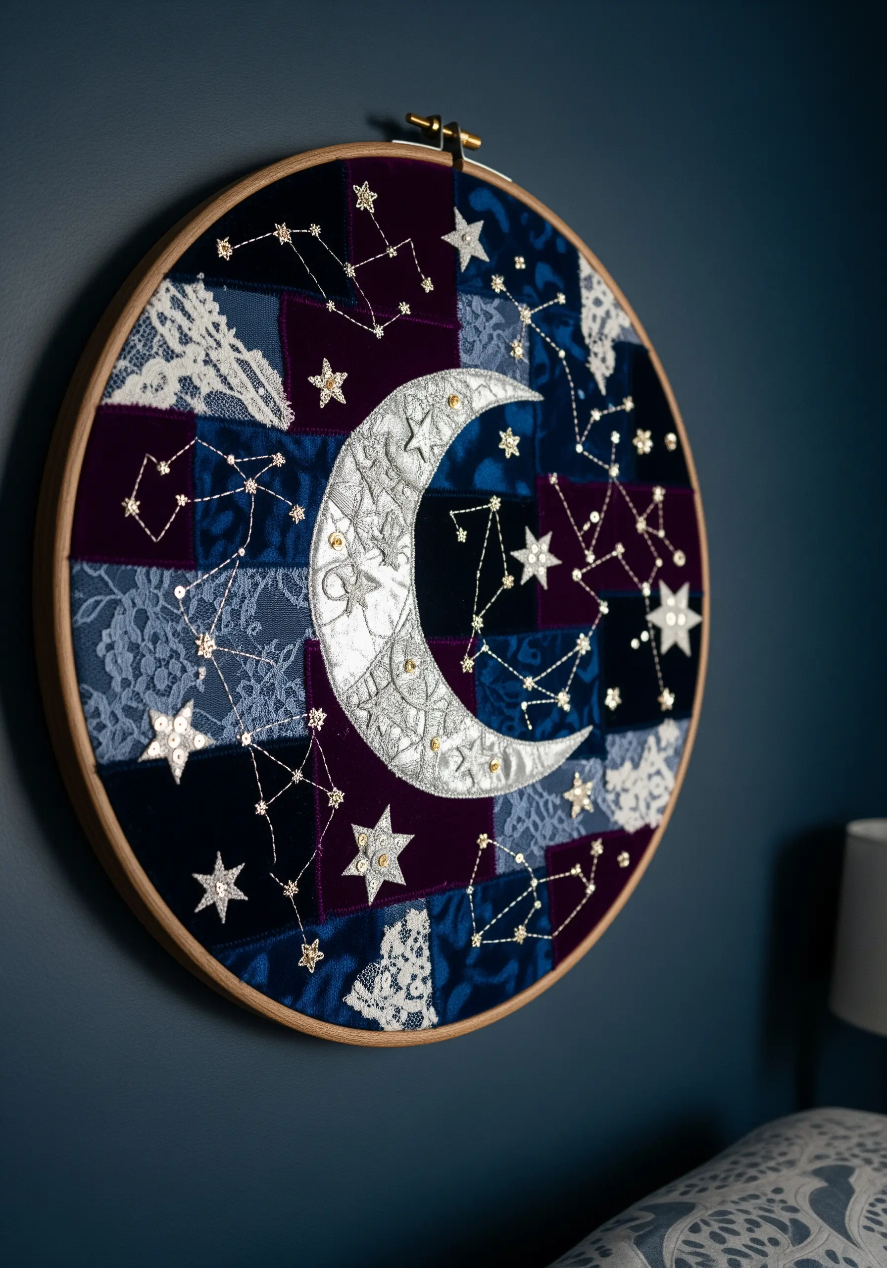 Celestial embroidery hoop with a patchwork of dark fabrics, a silver moon, and stitched constellations