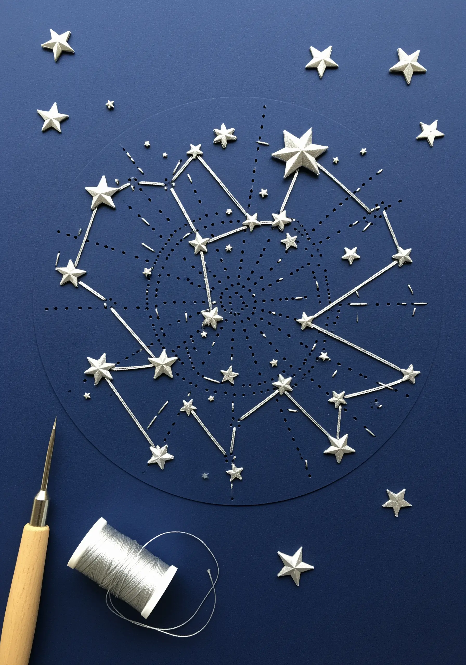 A constellation pattern created by piercing holes in blue paper and connecting them with silver thread.