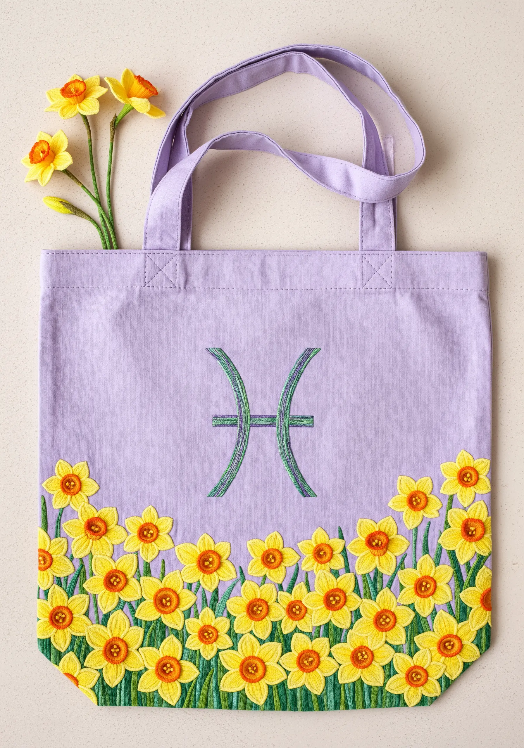 A dense border of embroidered yellow daffodils along the bottom of a lavender tote, below a Pisces symbol.