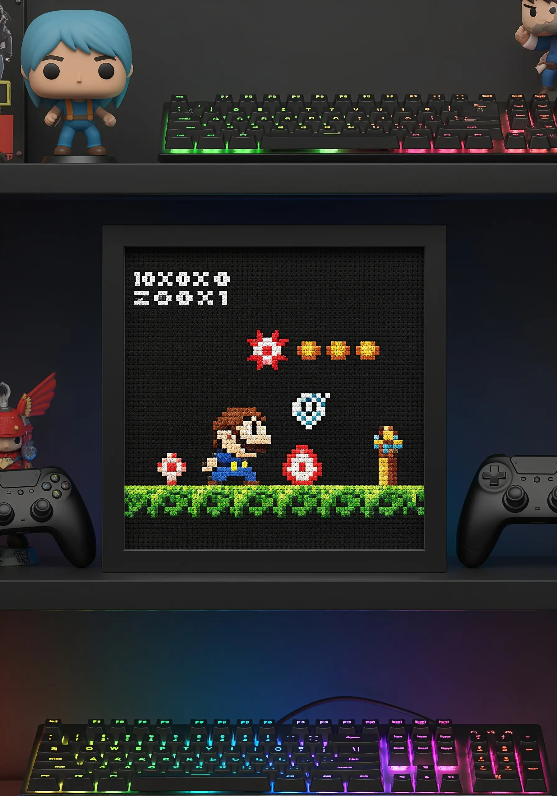 A cross-stitch piece of a classic Super Mario Bros. scene on black Aida cloth.