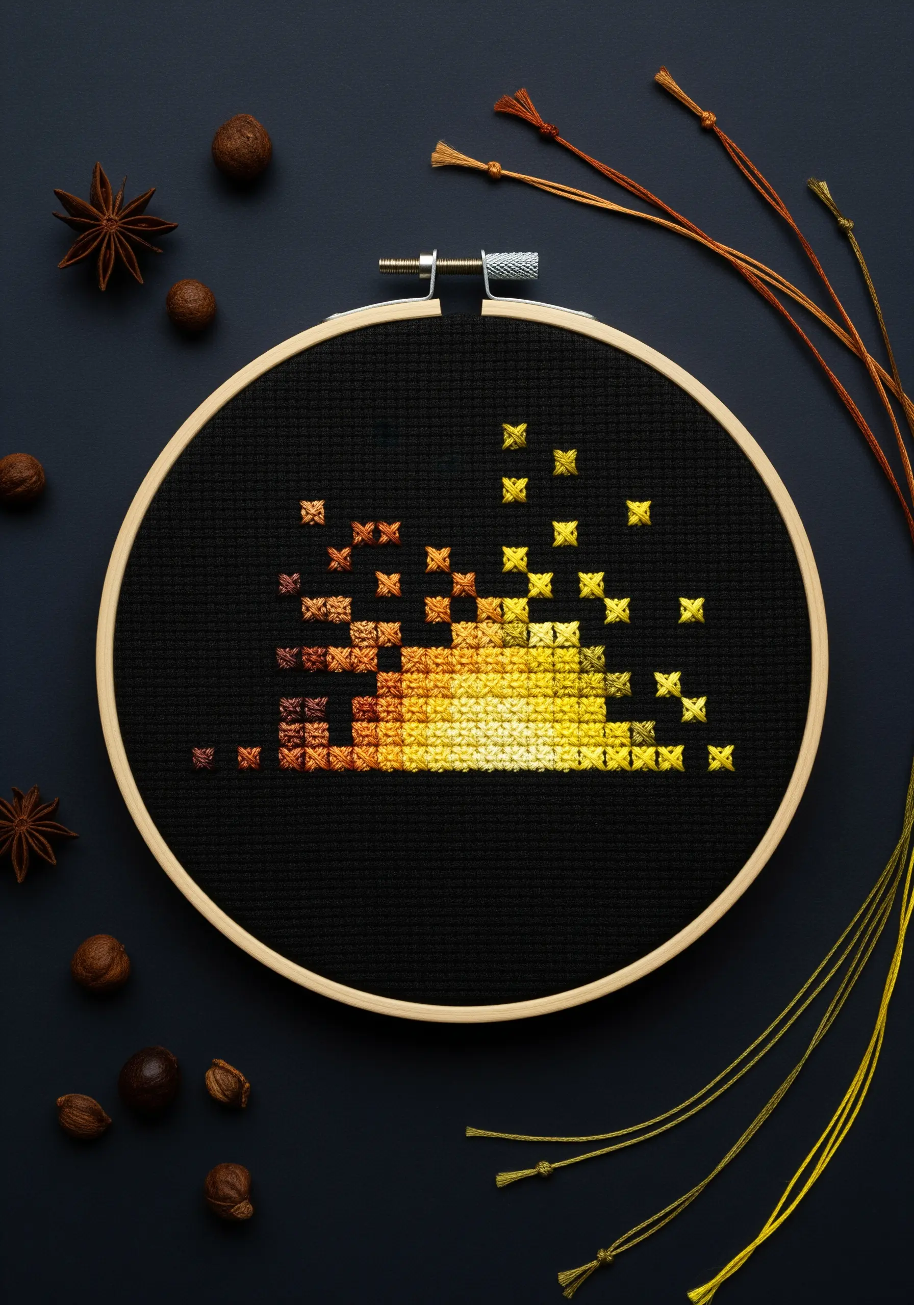 A pixelated gradient of yellow and orange metallic cross-stitches on black fabric.