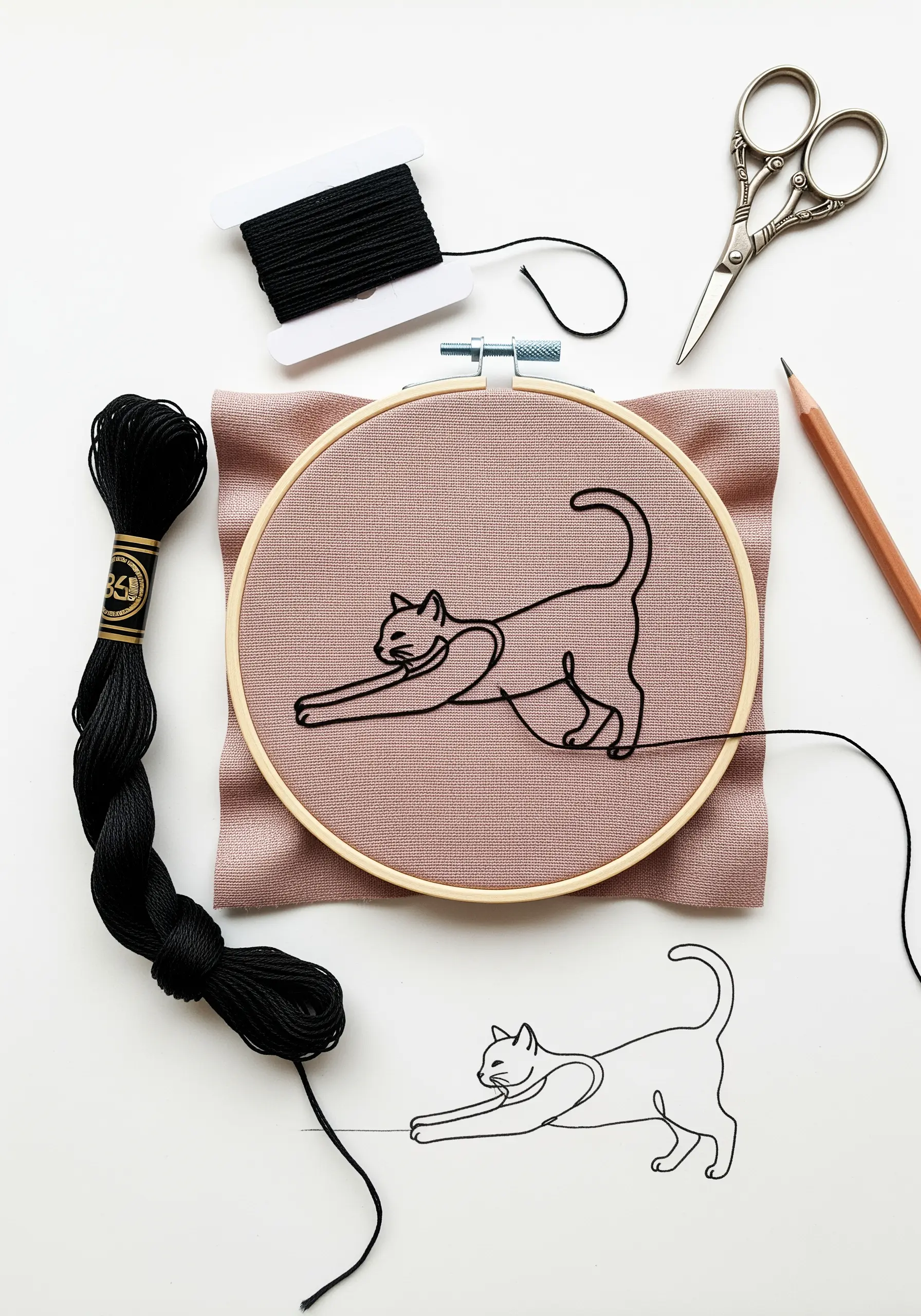 A continuous line drawing of a stretching cat being embroidered in a hoop.