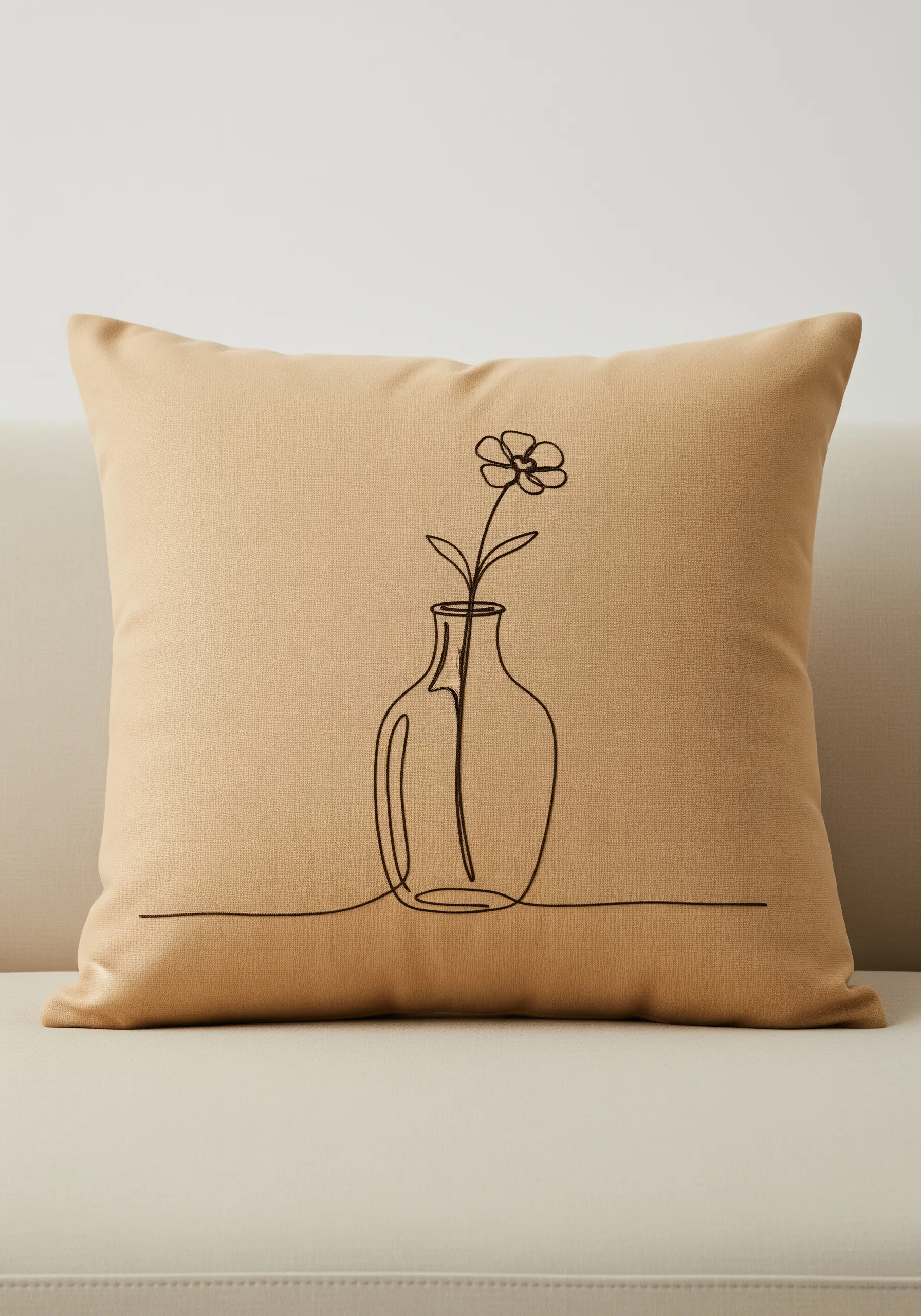 Continuous line art of a single flower in a vase on a light brown cushion.