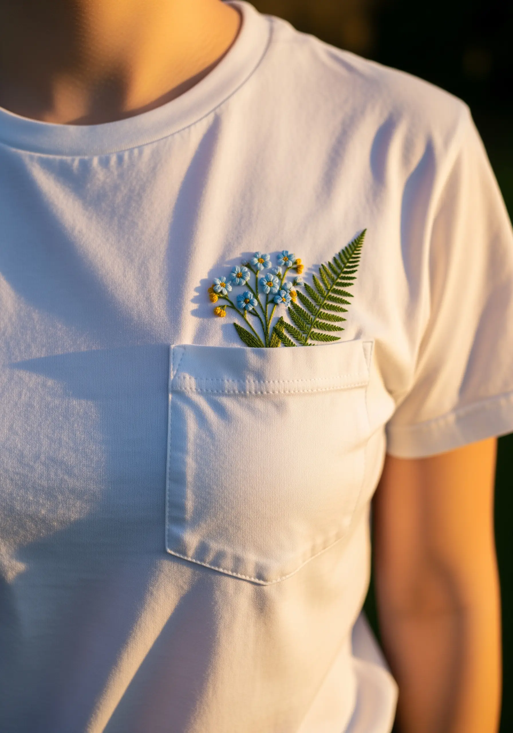 A small bouquet of embroidered forget-me-nots and a fern leaf tucked into a white t-shirt pocket.