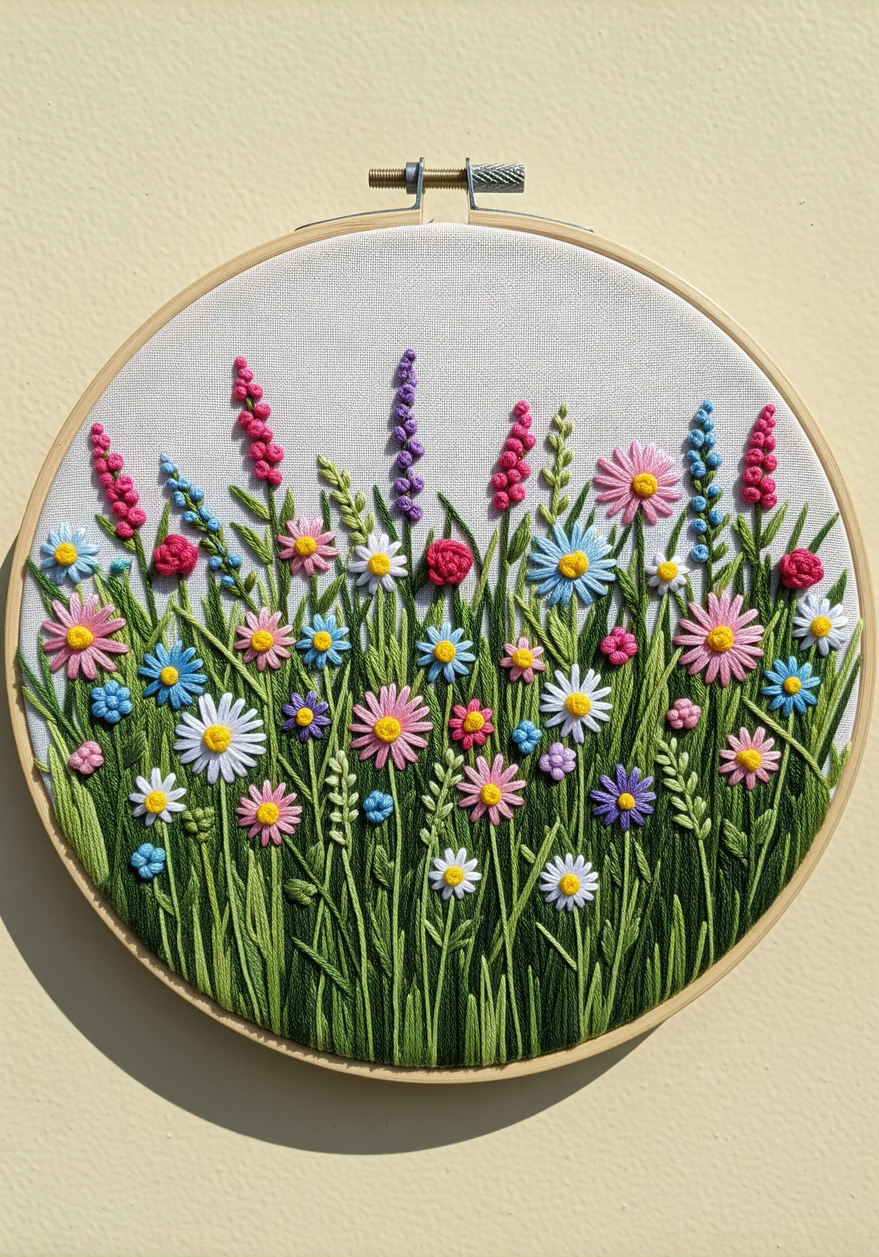 A vibrant hoop of embroidered wildflowers with layered stems and colorful flower heads.
