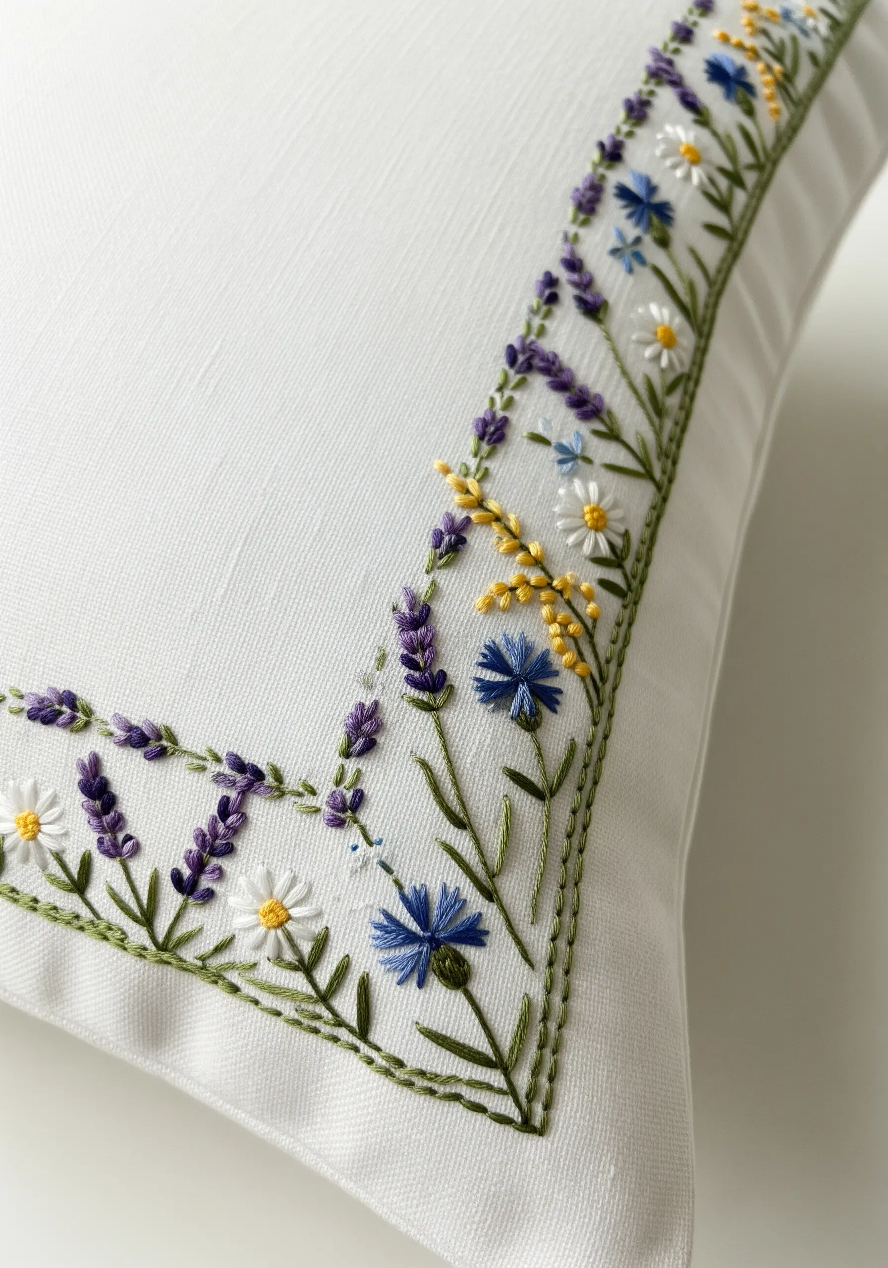 A delicate wildflower border with lavender and daisies stitched in the corner of a white cushion