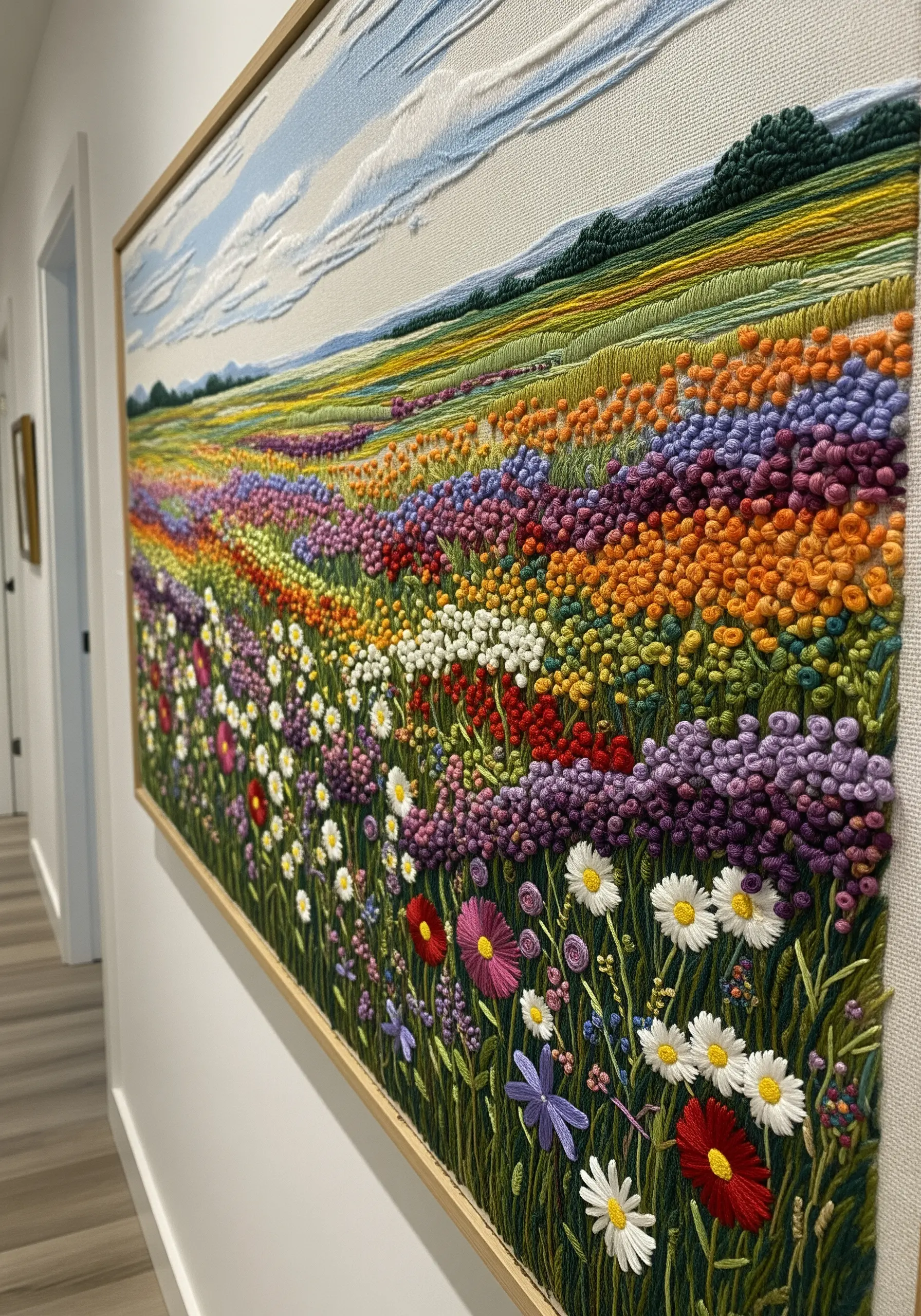A large, colorful embroidery of a wildflower field, filled with dense French knots.
