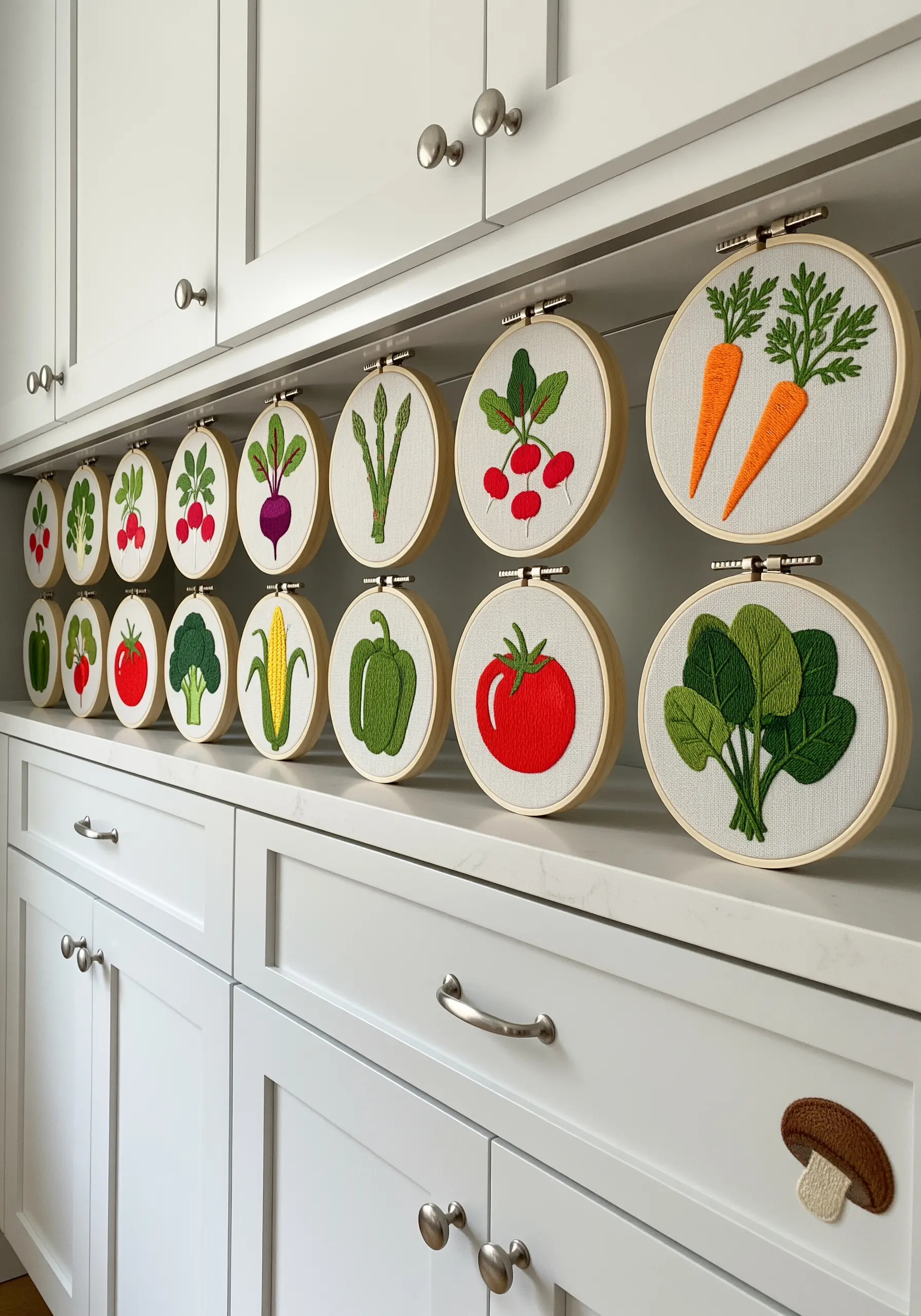 A large collection of embroidery hoops featuring different vegetables lined up on kitchen cabinets