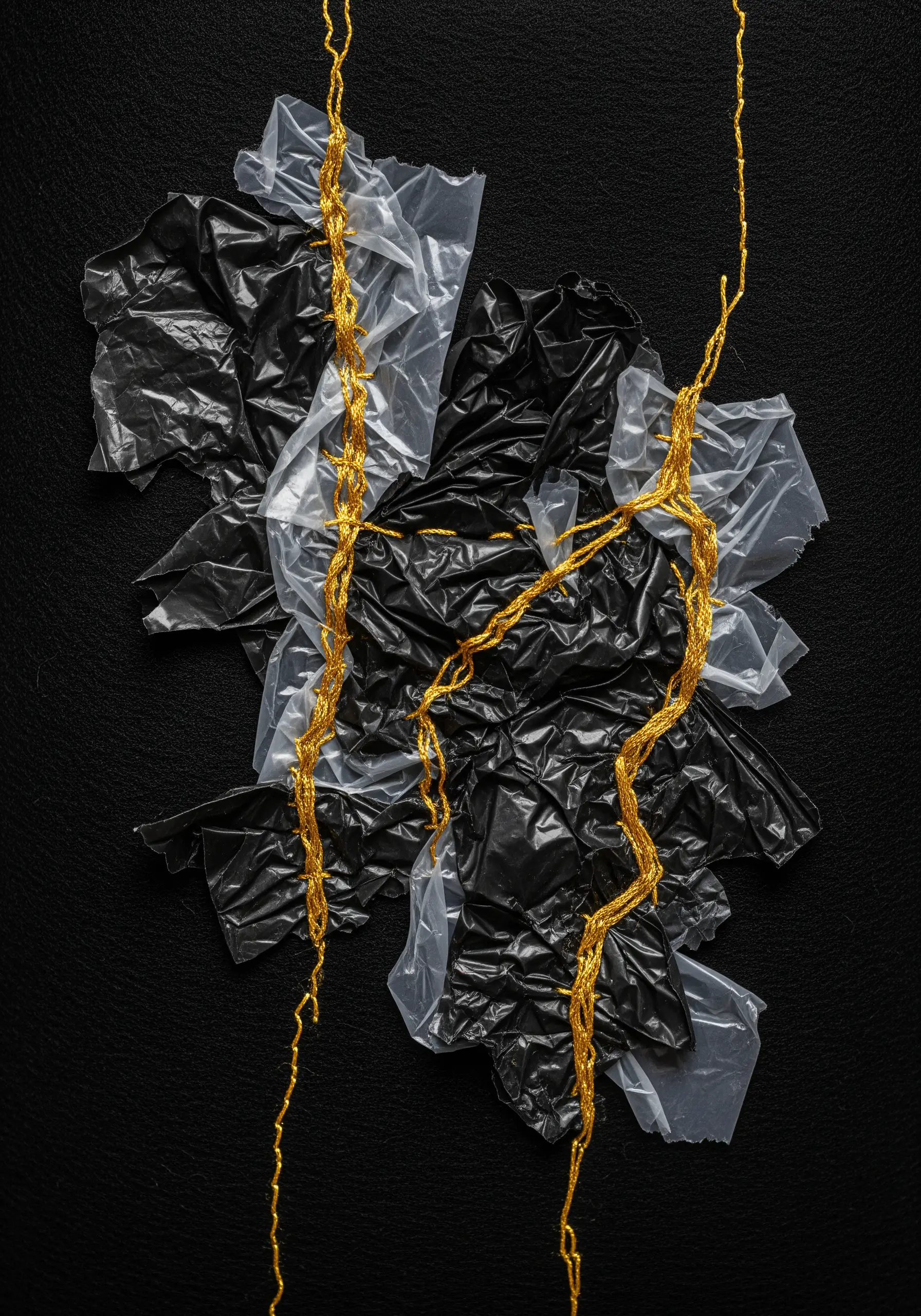 Crinkled black and clear plastic stitched together with thick gold metallic thread, kintsugi-style.