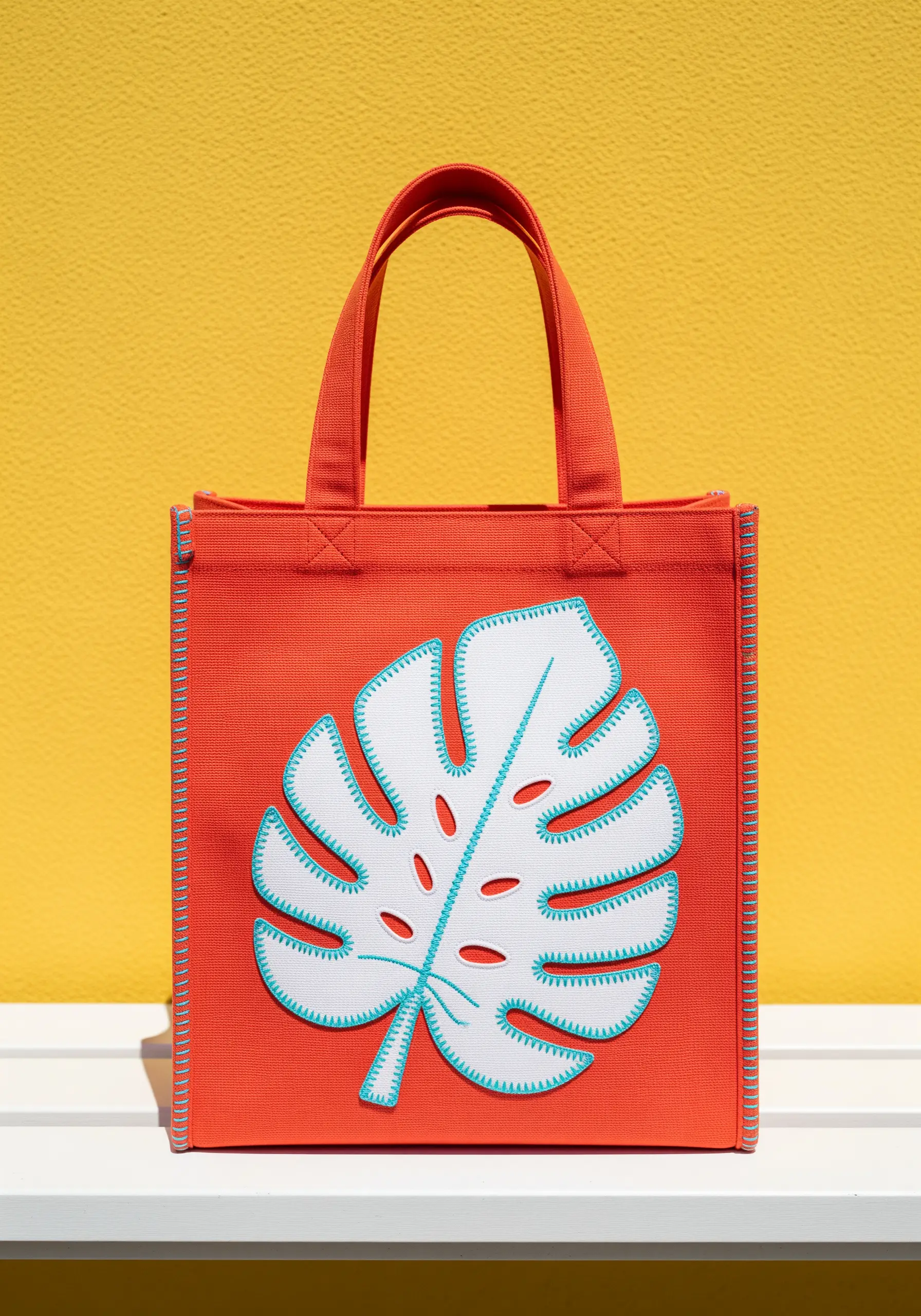 A white appliqué monstera leaf with a teal blanket stitch edge on a bright orange tote bag.