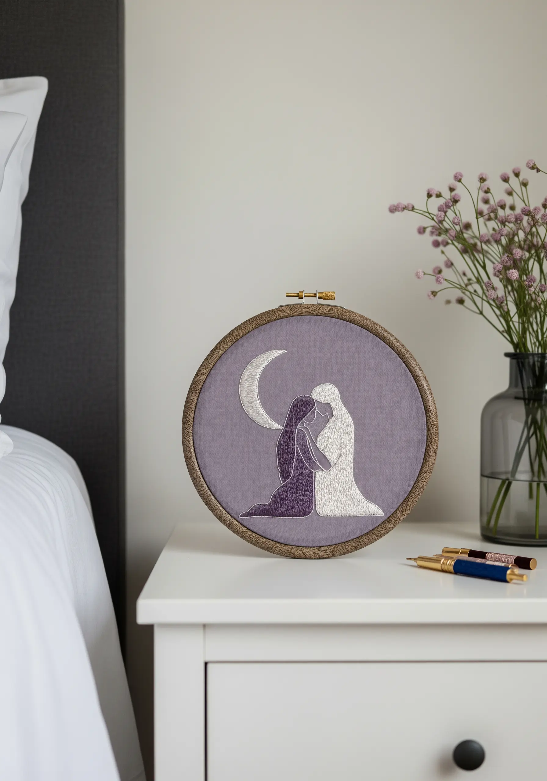 One figure filled with dark thread, the other an outline in light thread, with a crescent moon.