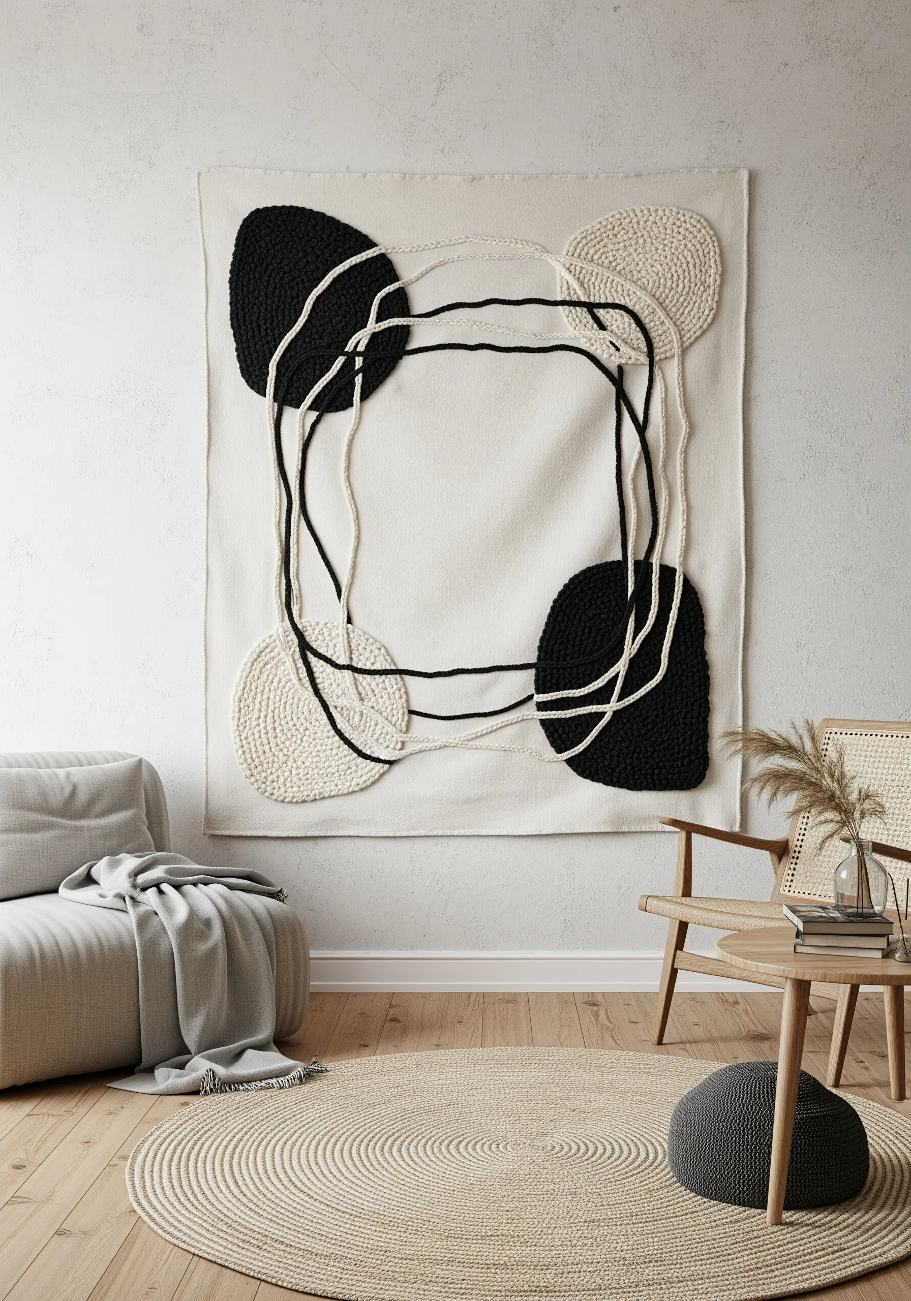 A large abstract wall hanging with black and cream textured shapes and lines