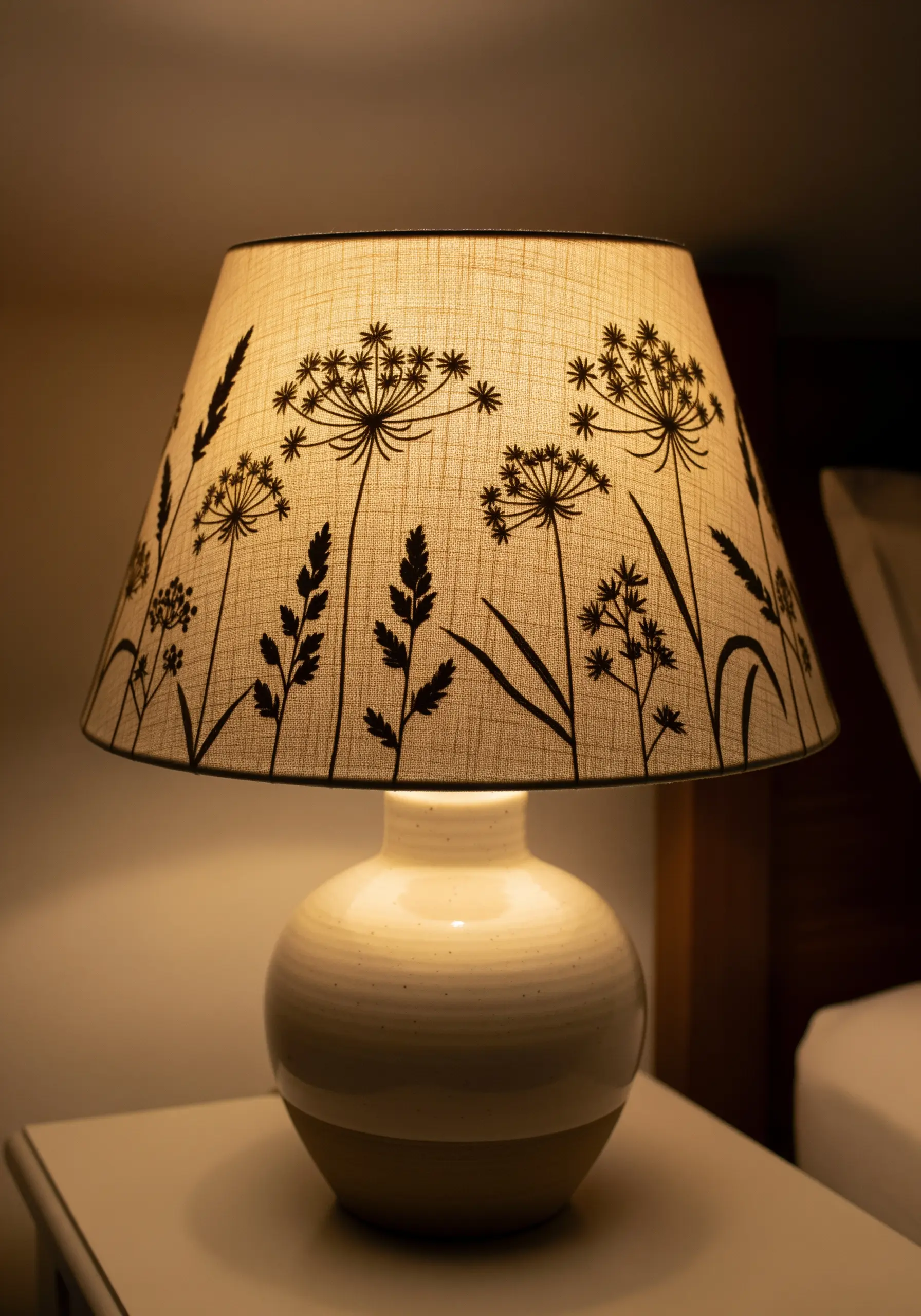 A linen lampshade with black embroidered silhouettes of wildflowers, glowing from within.