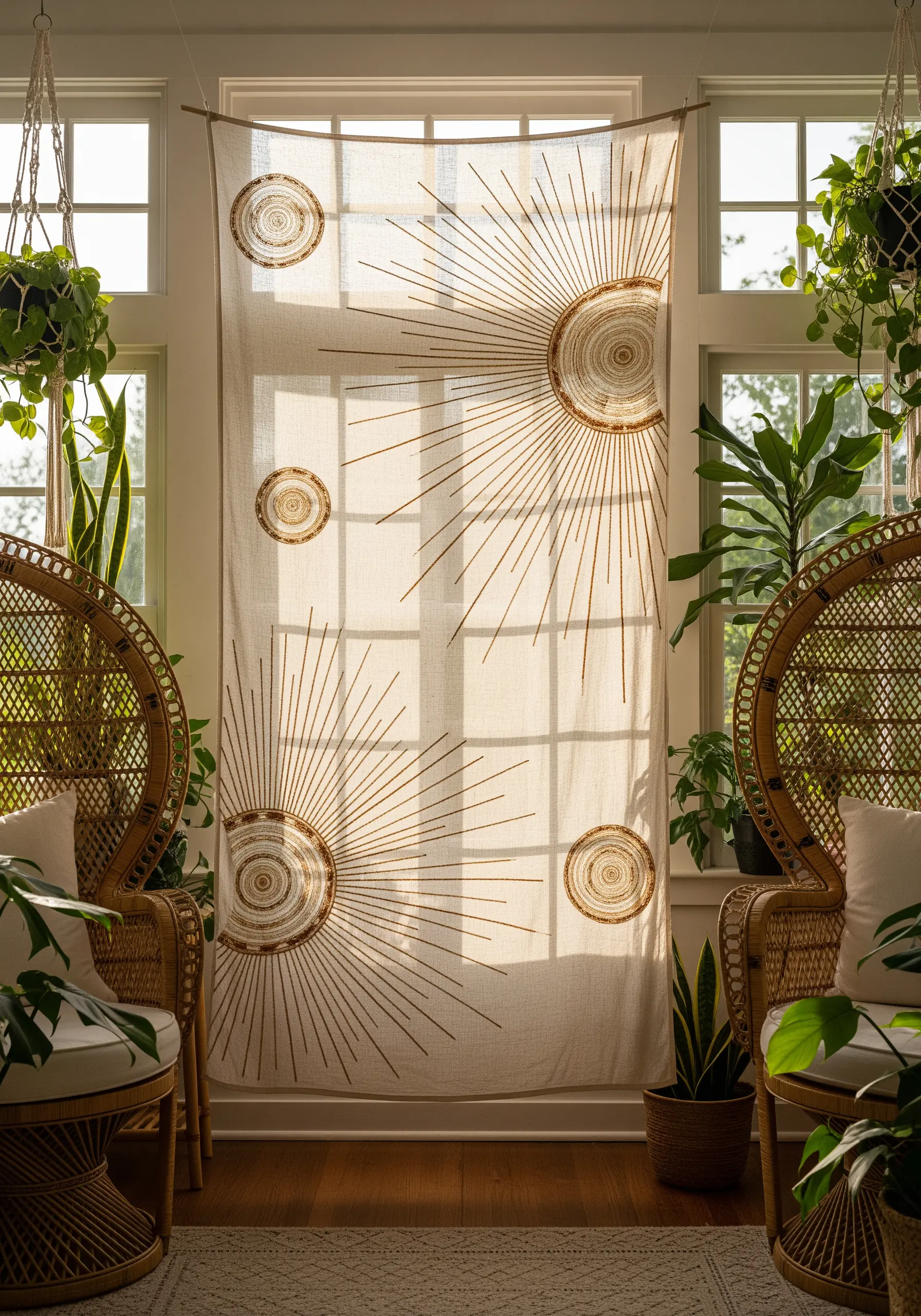 A sheer linen curtain embroidered with sunburst motifs hanging in a bright window.
