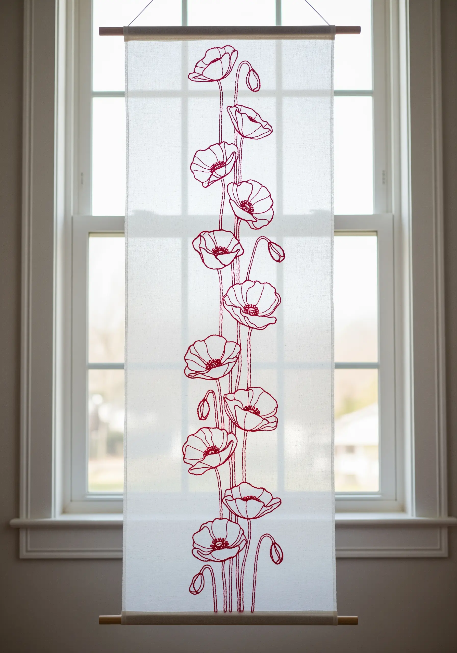 Red line-art poppies embroidered on a sheer white fabric banner hanging in a window.
