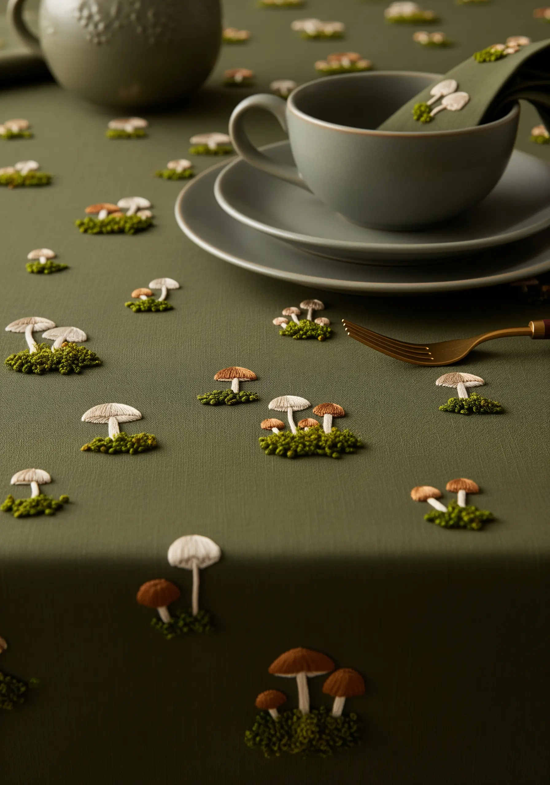 Tiny embroidered mushrooms with 3D texture scattered across a dark green tablecloth.