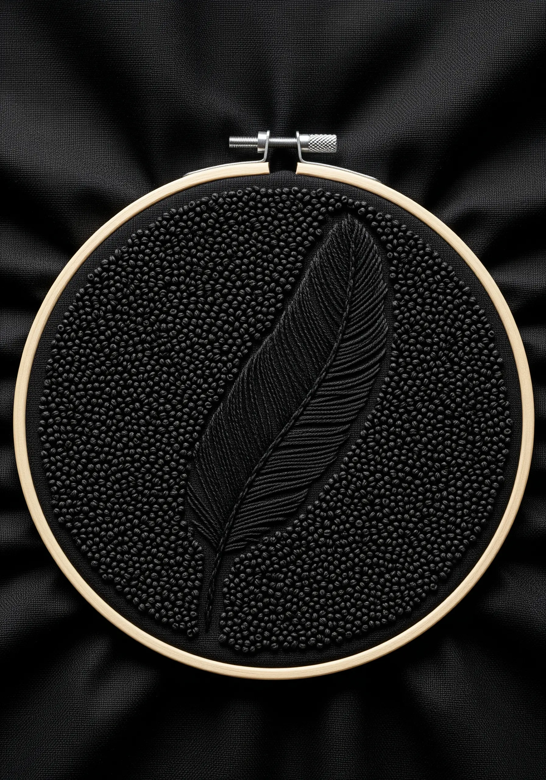 A satin-stitched black feather on a background of black French knots, creating a tonal effect.