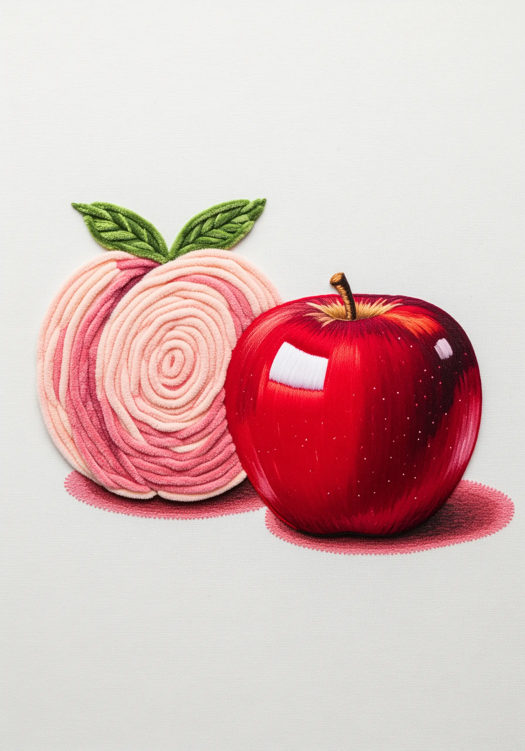 A split composition showing a stylized peach made of couched yarn and a realistic, thread-painted apple.
