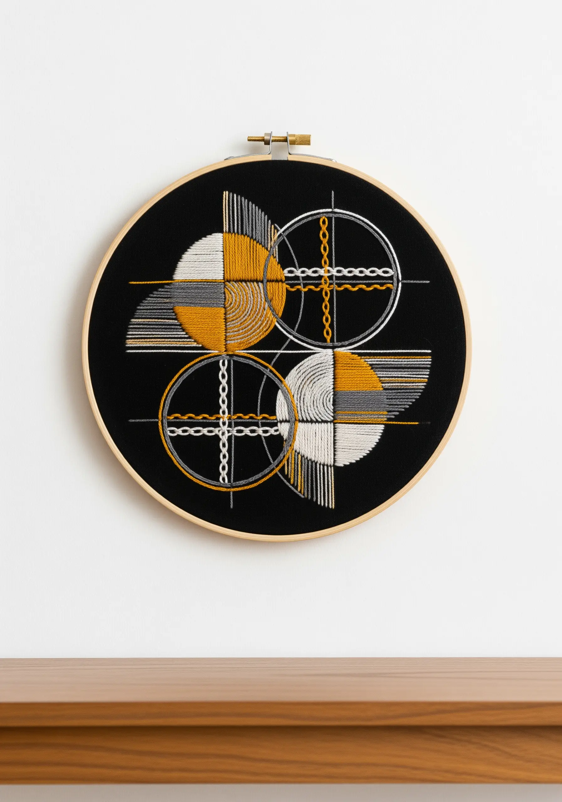 Modern geometric embroidery with yellow, grey, and white thread on a black background