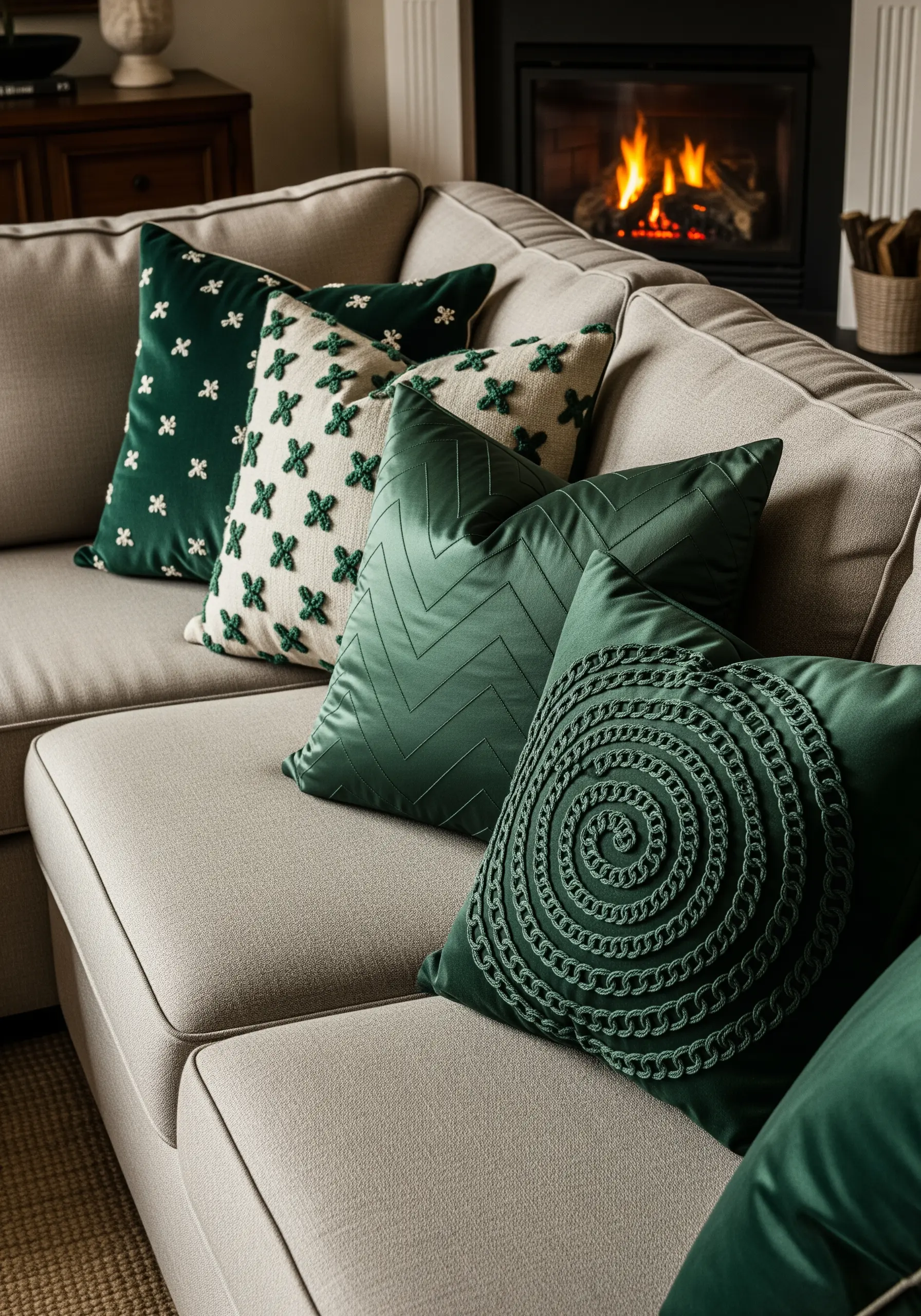A collection of emerald green cushions with varied monochrome embroidery textures and patterns.