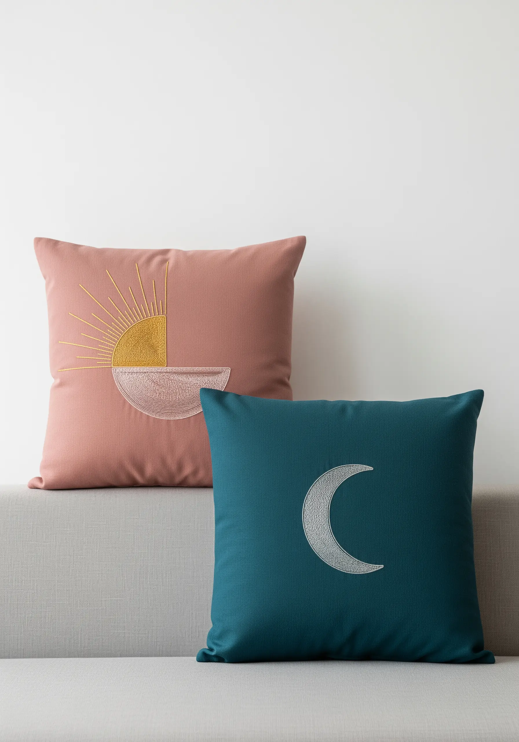 Two embroidered cushions, one pink with a sun and one teal with a moon.