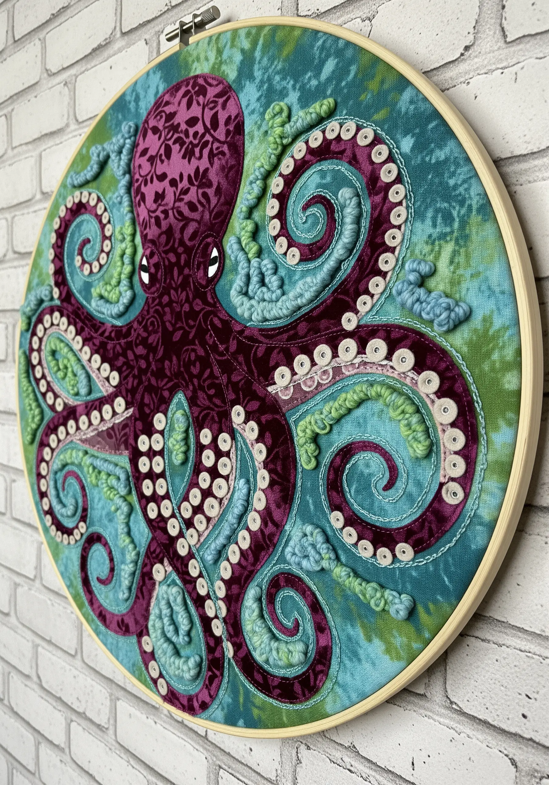 A vibrant octopus hoop art made with purple velvet, couched yarn, and fabric circles for suckers.